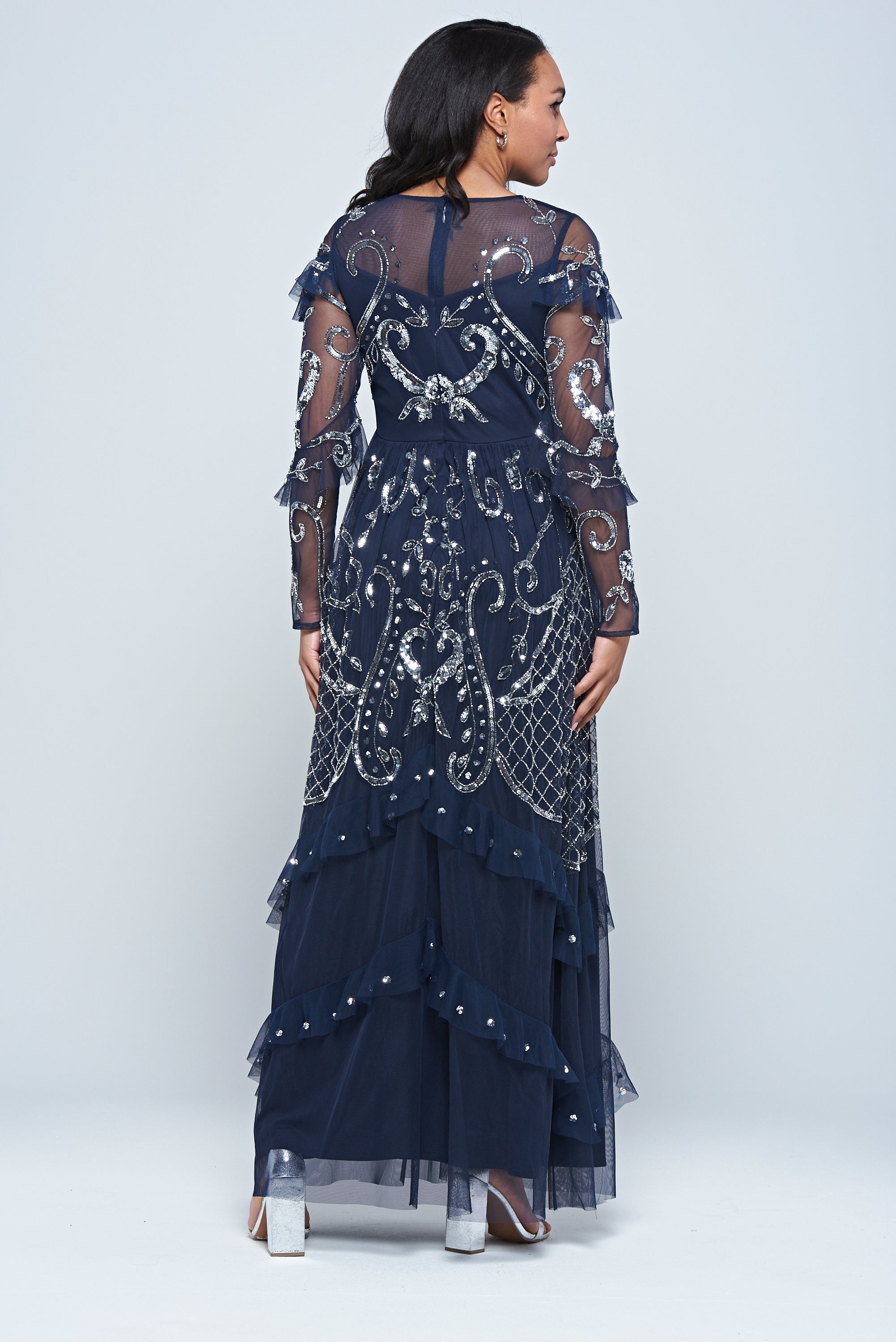 Selene Navy Embellished Maxi Dress by Frock and Frill with full-length sleeves, delicate beadwork, and flowing floor-length design for weddings and evening events