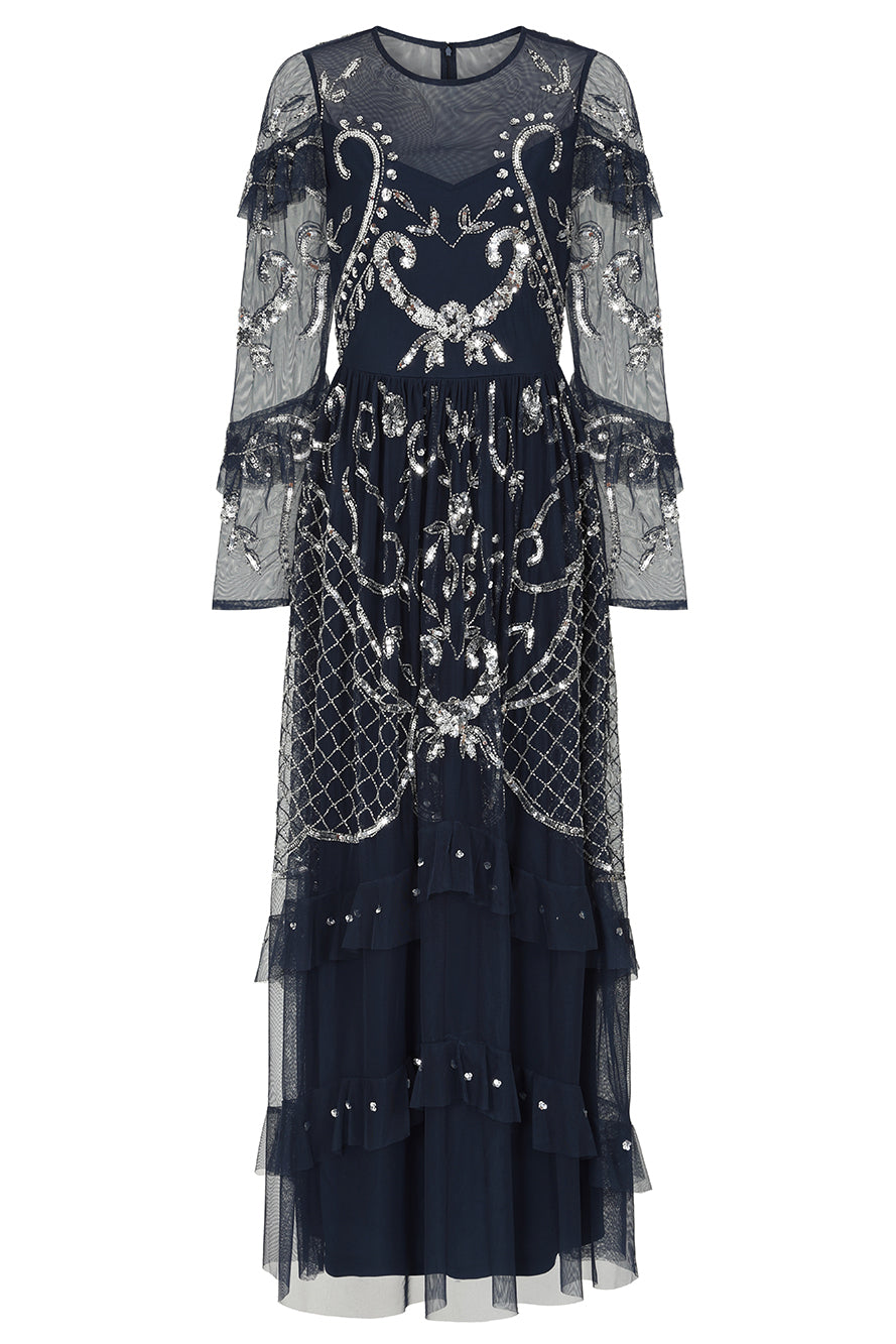 Selene Navy Embellished Maxi Dress by Frock and Frill with full-length sleeves, delicate beadwork, and flowing floor-length design for weddings and evening events