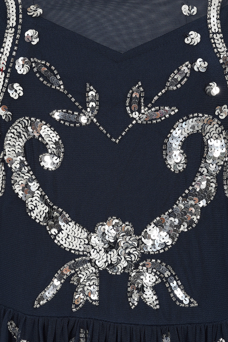 Selene Navy Embellished Maxi Dress by Frock and Frill with full-length sleeves, delicate beadwork, and flowing floor-length design for weddings and evening events