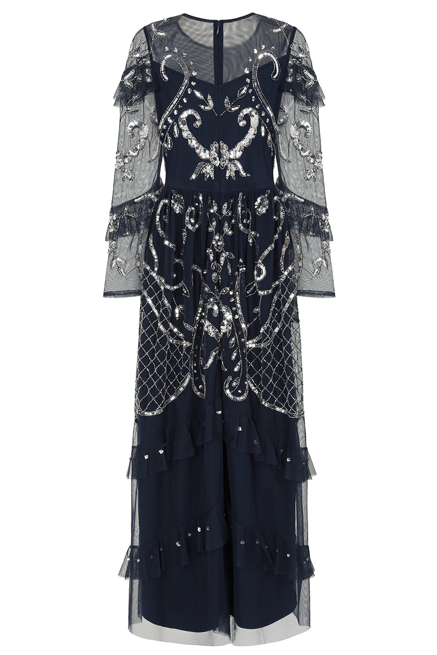 Selene Navy Embellished Maxi Dress by Frock and Frill with full-length sleeves, delicate beadwork, and flowing floor-length design for weddings and evening events