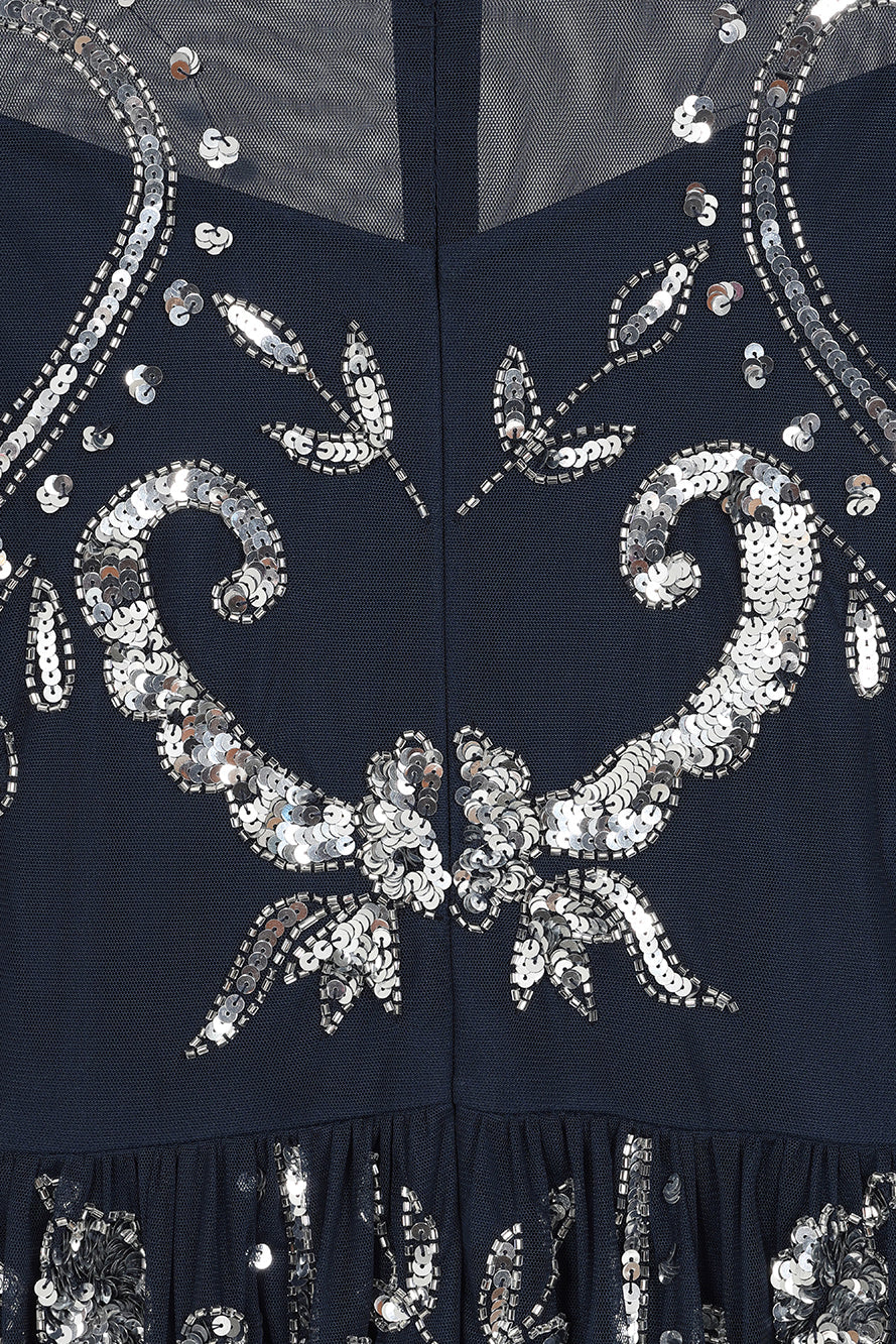 Selene Navy Embellished Maxi Dress by Frock and Frill with full-length sleeves, delicate beadwork, and flowing floor-length design for weddings and evening events