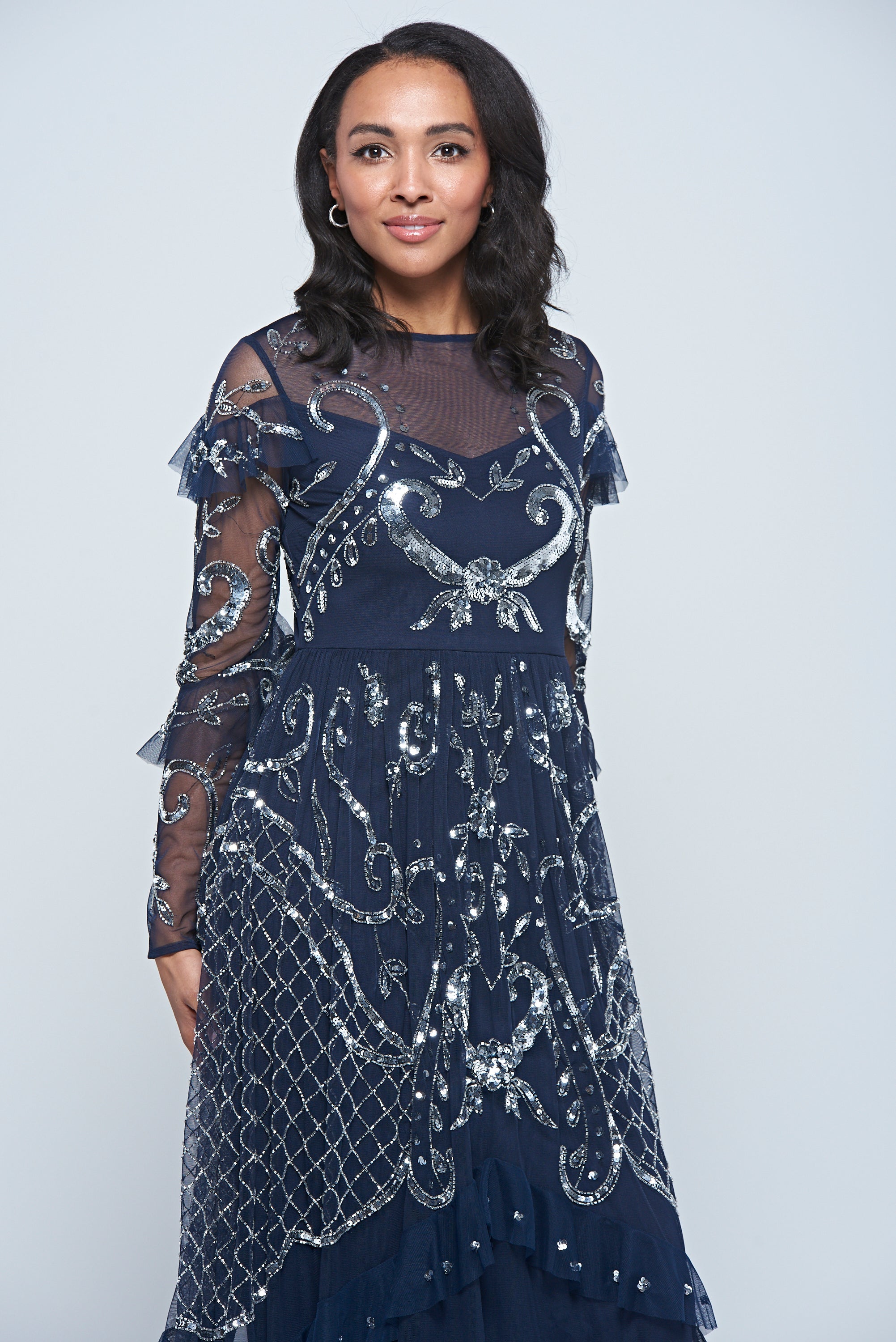 Selene Navy Embellished Maxi Dress by Frock and Frill with full-length sleeves, delicate beadwork, and flowing floor-length design for weddings and evening events