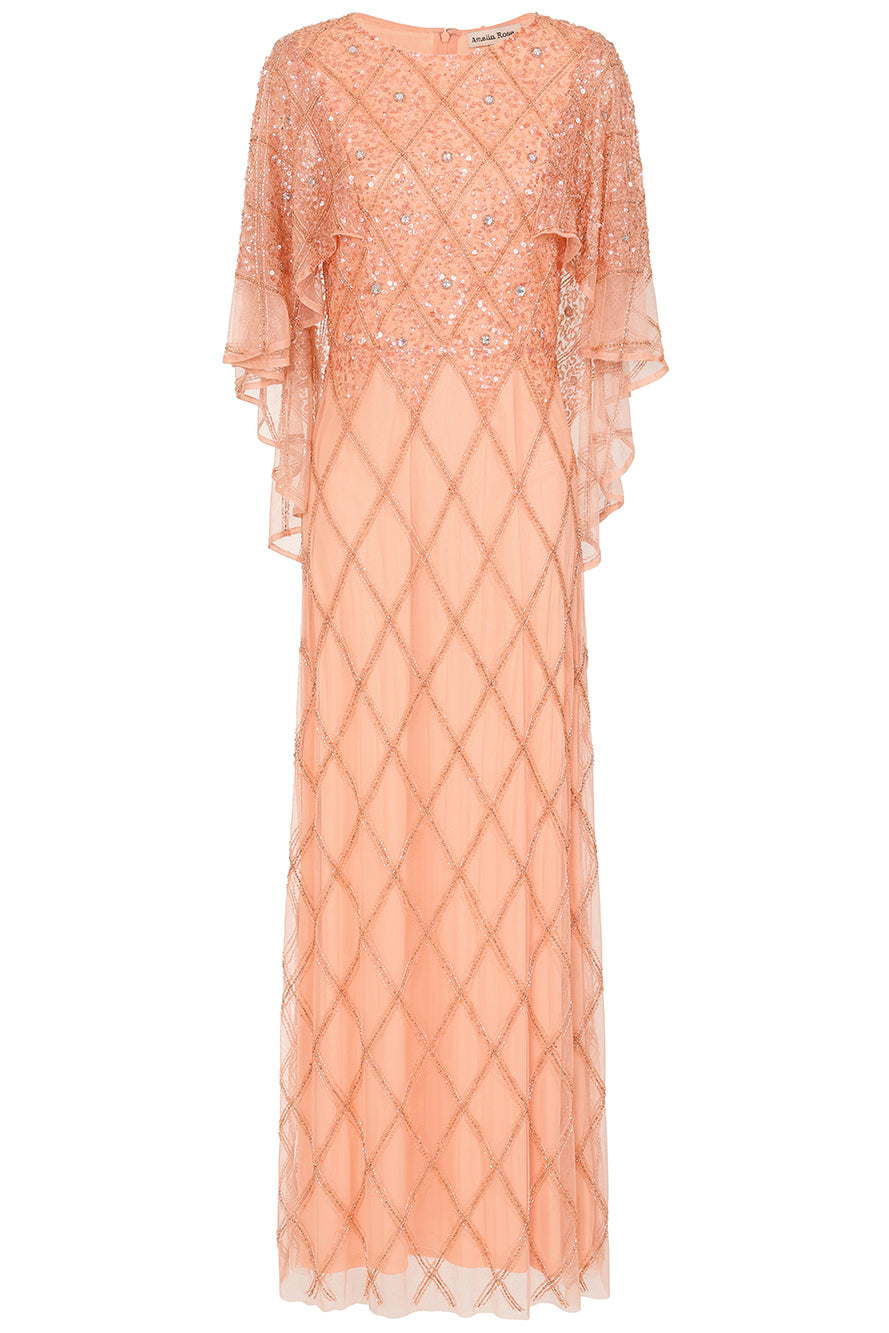 Selina Peach Embellished Cape Detail Maxi Dress