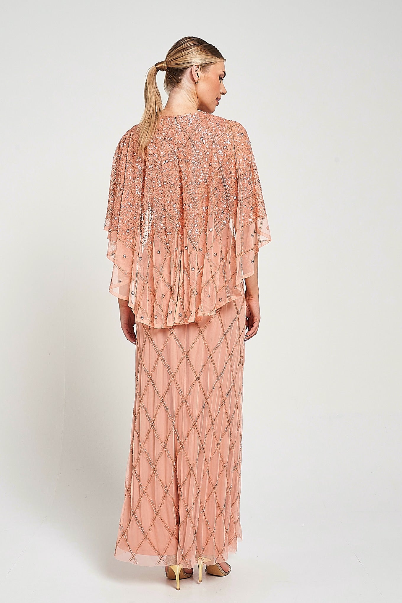 Selina Peach Embellished Cape Detail Maxi Dress