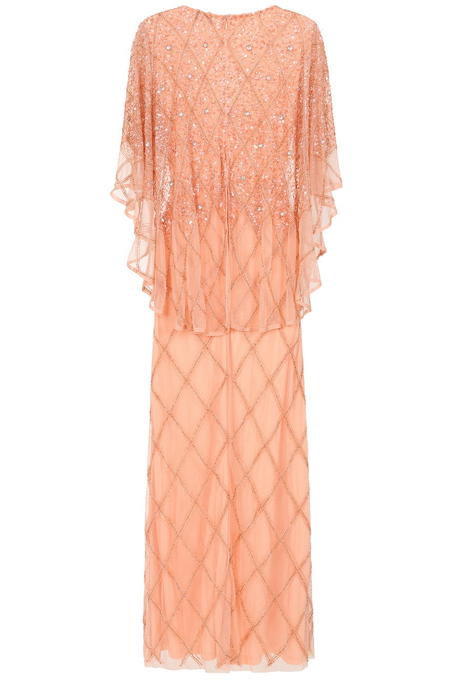 Selina Peach Embellished Cape Detail Maxi Dress