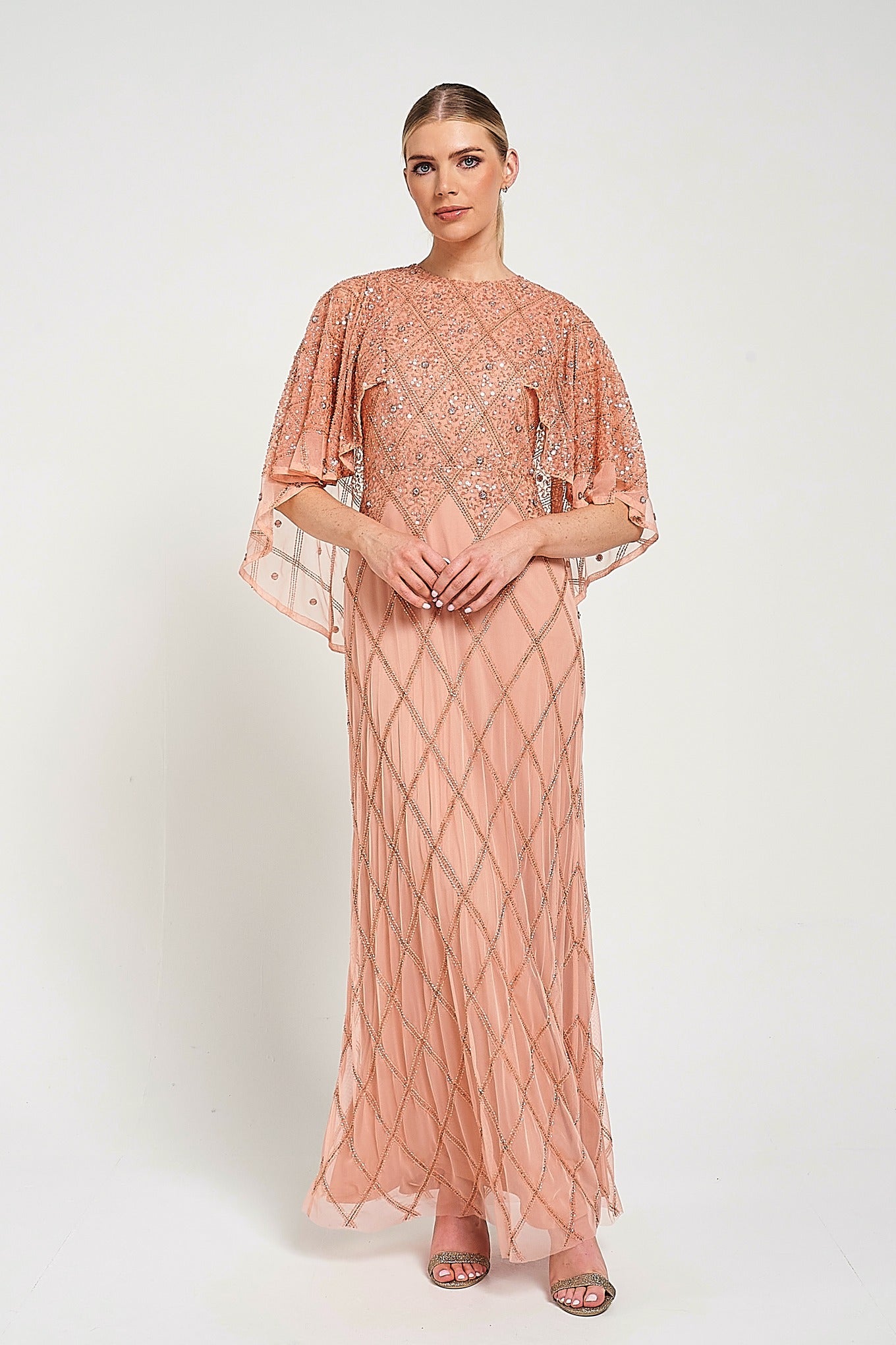 Selina Peach Embellished Cape Detail Maxi Dress