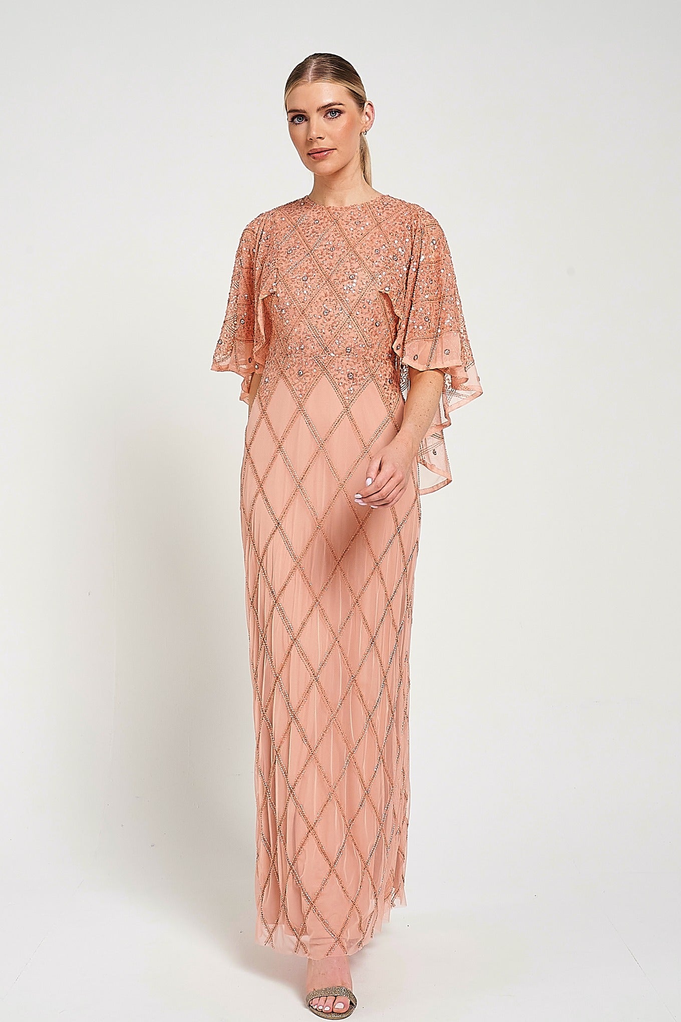 Selina Peach Embellished Cape Detail Maxi Dress