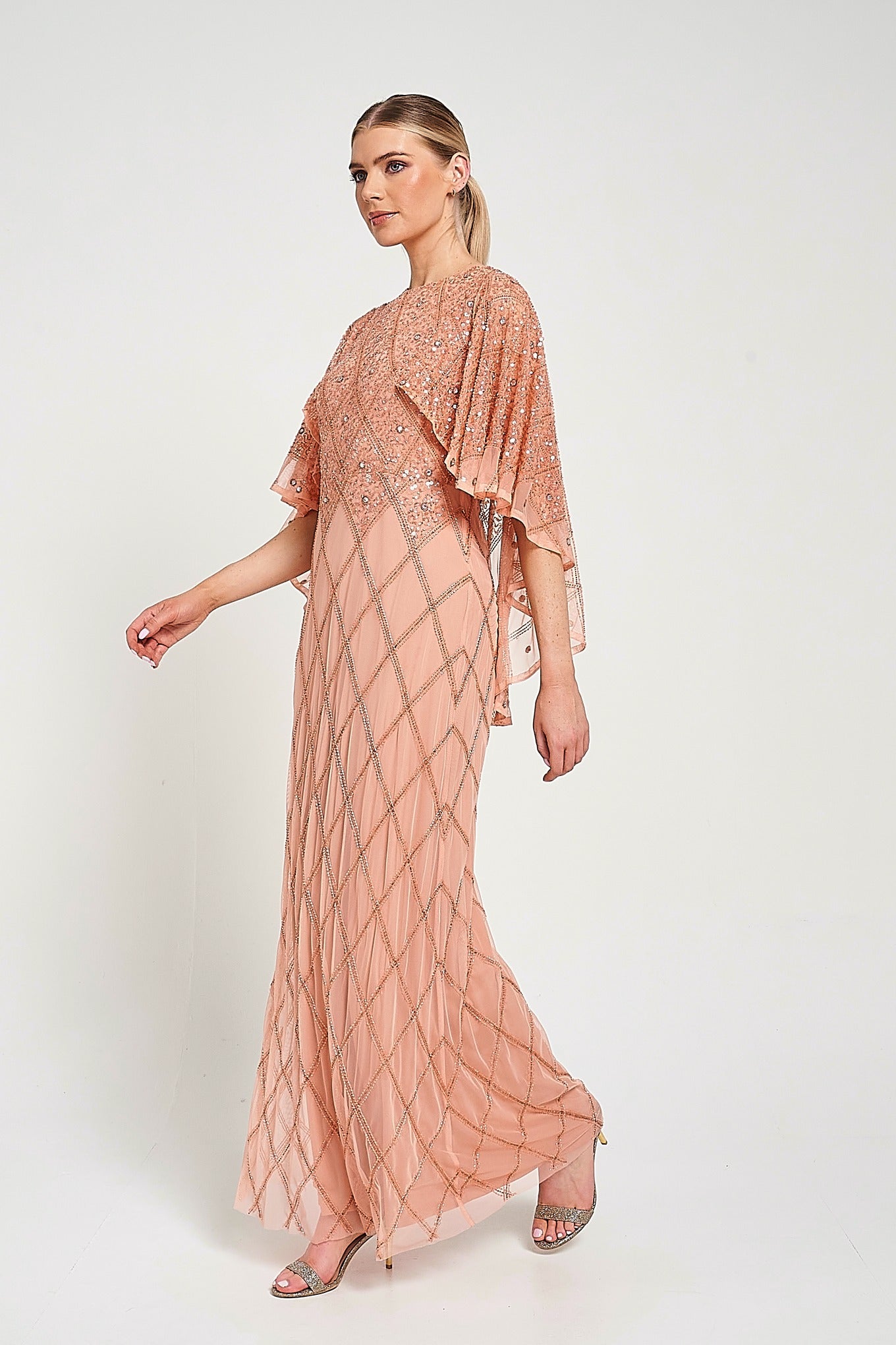 Selina Peach Embellished Cape Detail Maxi Dress