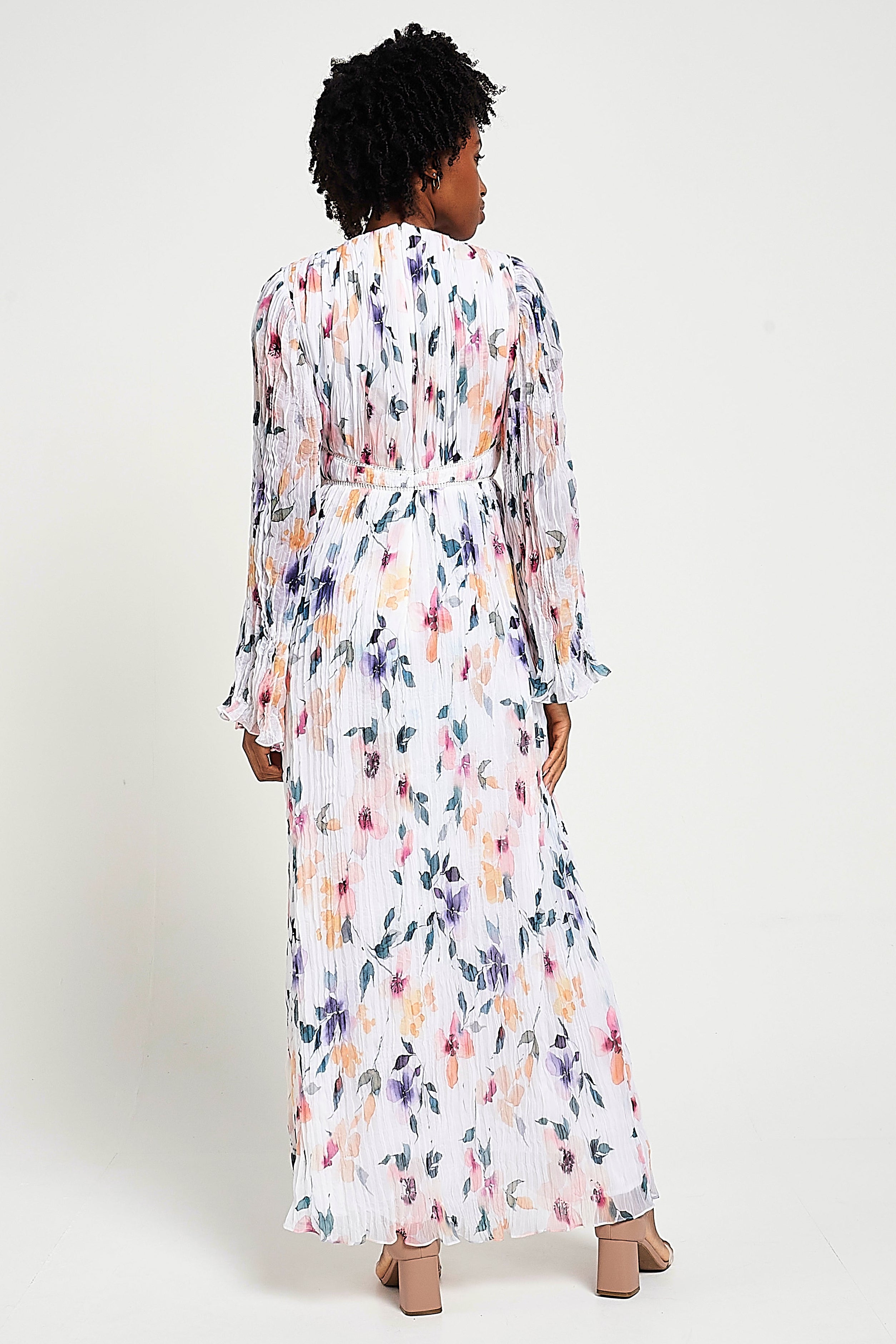 Serena white floral print maxi dress by Frock and Frill with long sleeves and full-length silhouette designed for elegant modest occasion and day wear styling