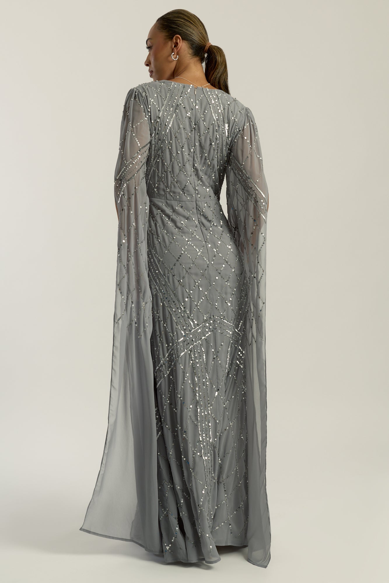 Simone embellished cape maxi dress in soft grey