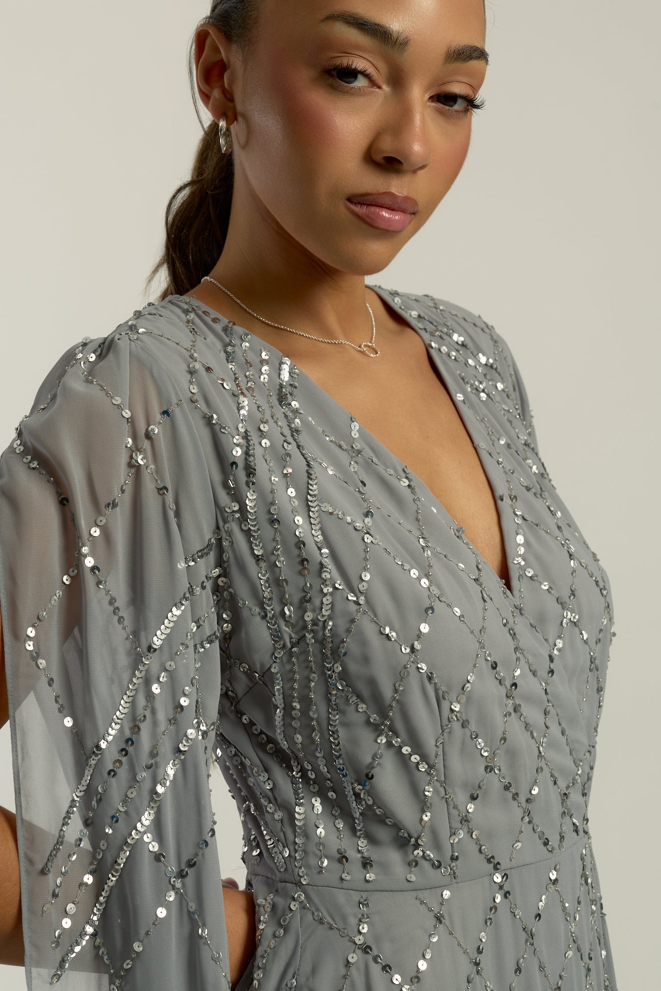 Simone embellished cape maxi dress in soft grey