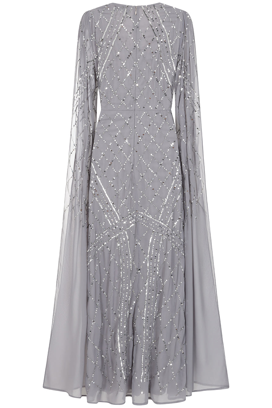 Simone embellished cape maxi dress in soft grey