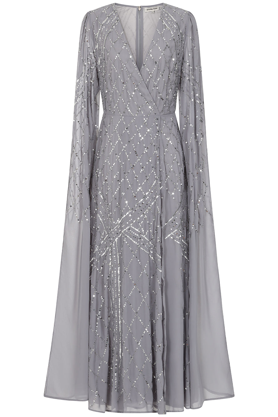Simone embellished cape maxi dress in soft grey