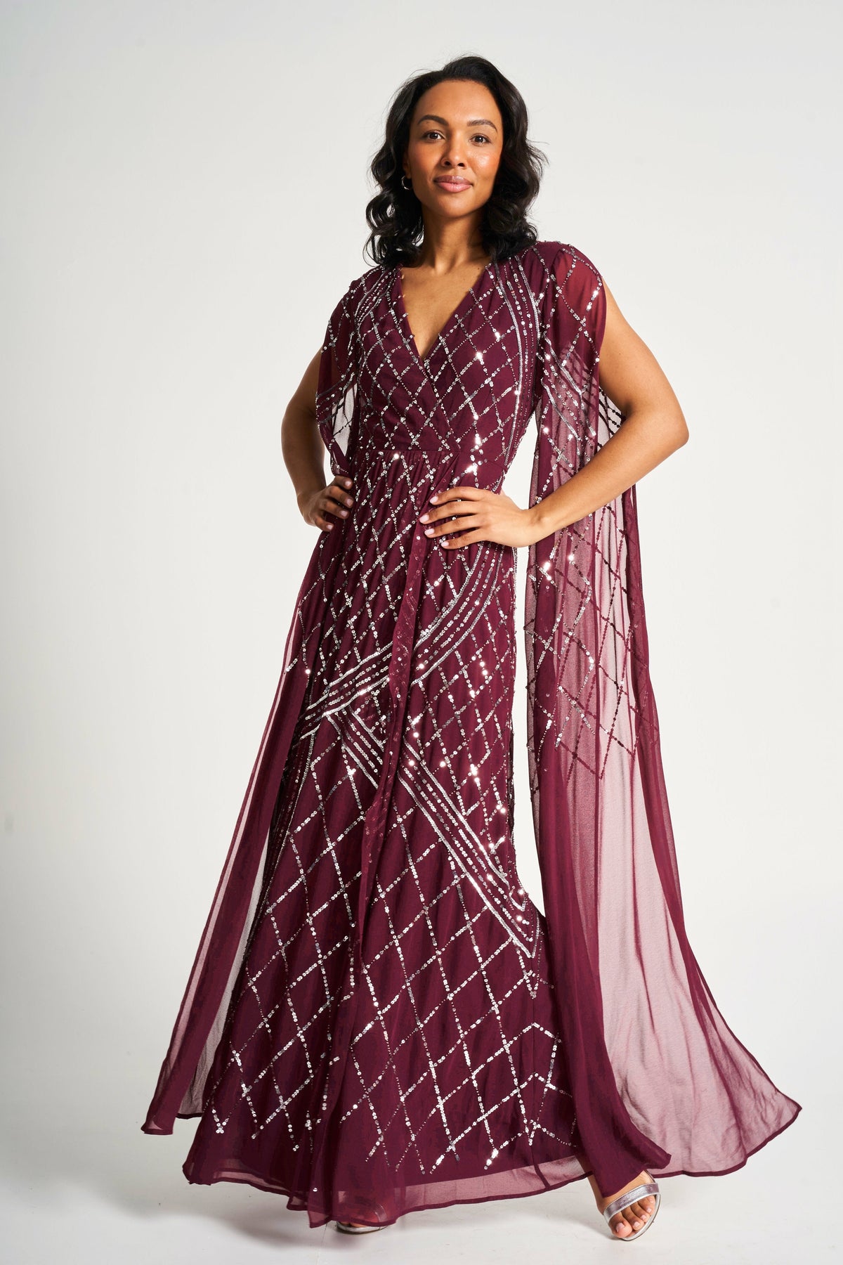 Simone Tawny Port Sequin Cape Sleeve Maxi Dress