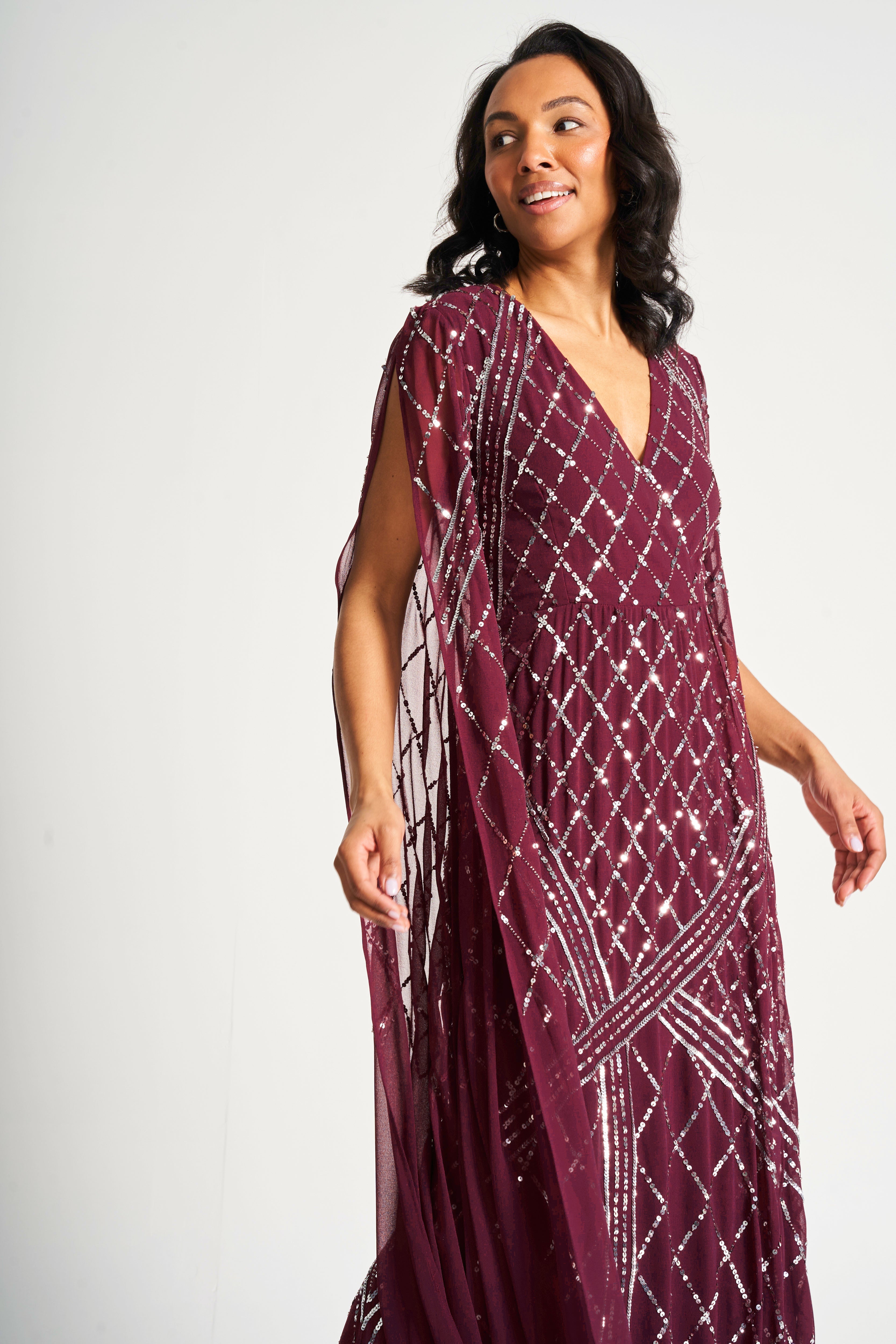 Simone Tawny Port Sequin Cape Sleeve Maxi Dress