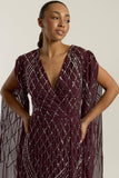 Simone fig sequin cape sleeve maxi dress with plunging V neckline, silver criss-cross sequin detailing and flowing full-length silhouette for statement occasion wear styling