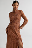 Solene bronze embellished maxi dress with high neckline, side split skirt, and open back, perfect for weddings, formal occasions, and evening events.