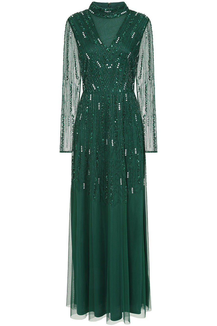 Sophia green high neck embellished maxi dress with full length sleeves and intricate embellishment, suitable for weddings and formal occasions.