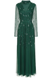 Sophia green high neck embellished maxi dress with full length sleeves and intricate embellishment, suitable for weddings and formal occasions.
