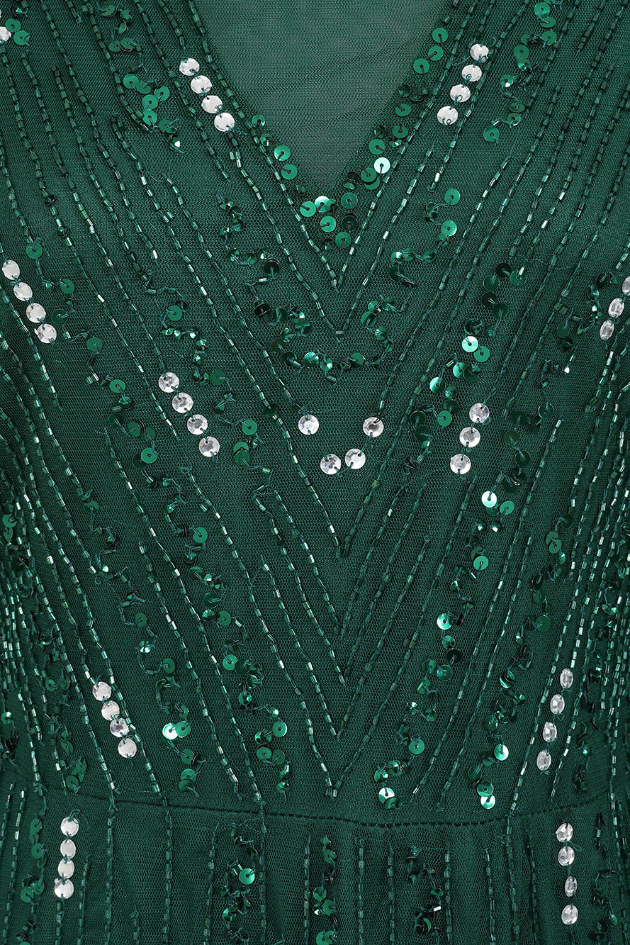 Sophia green high neck embellished maxi dress with full length sleeves and intricate embellishment, suitable for weddings and formal occasions.