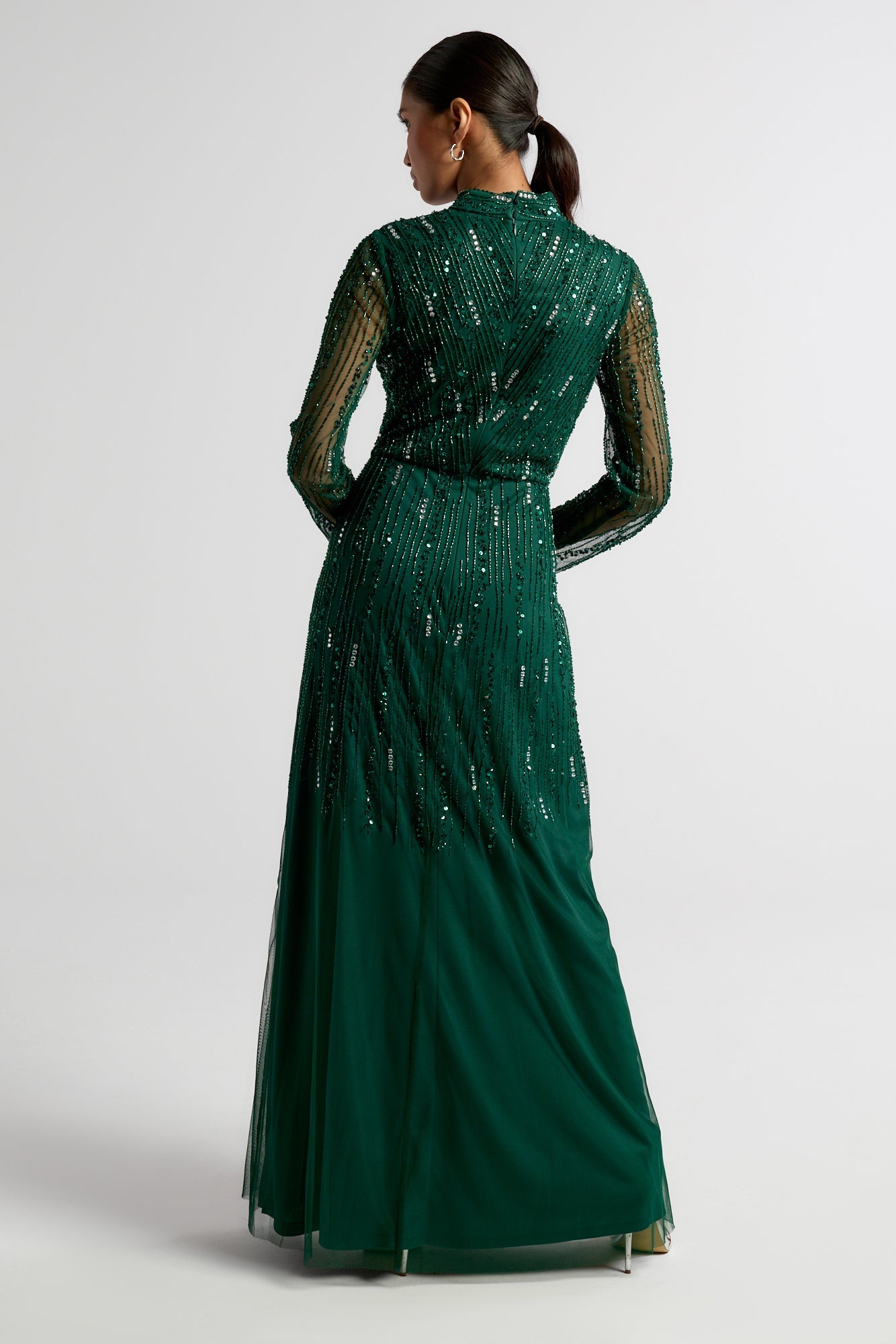 Sophia green high neck embellished maxi dress with full length sleeves and intricate embellishment, suitable for weddings and formal occasions.