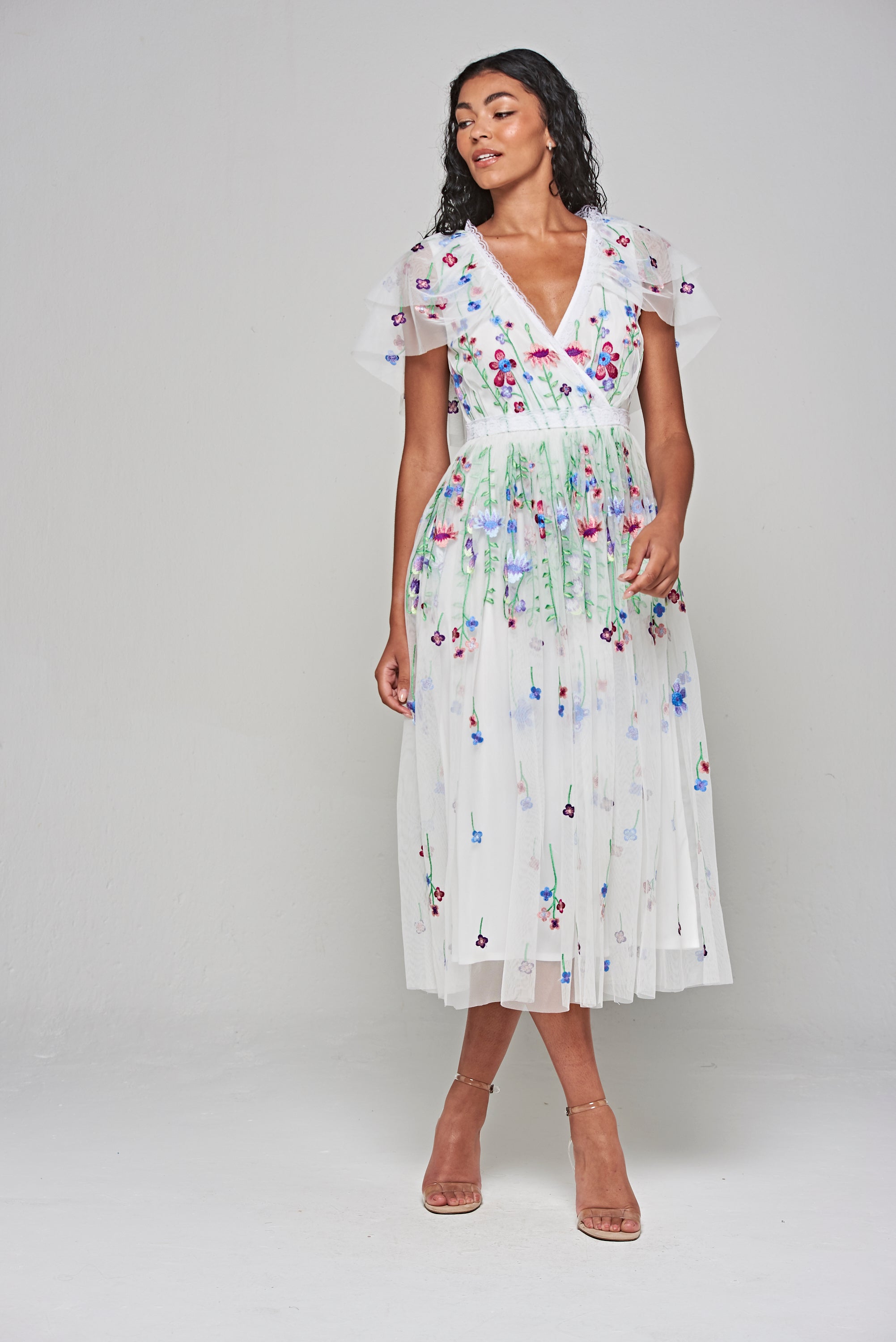 Suzette White Floral Embroidered Midi Dress