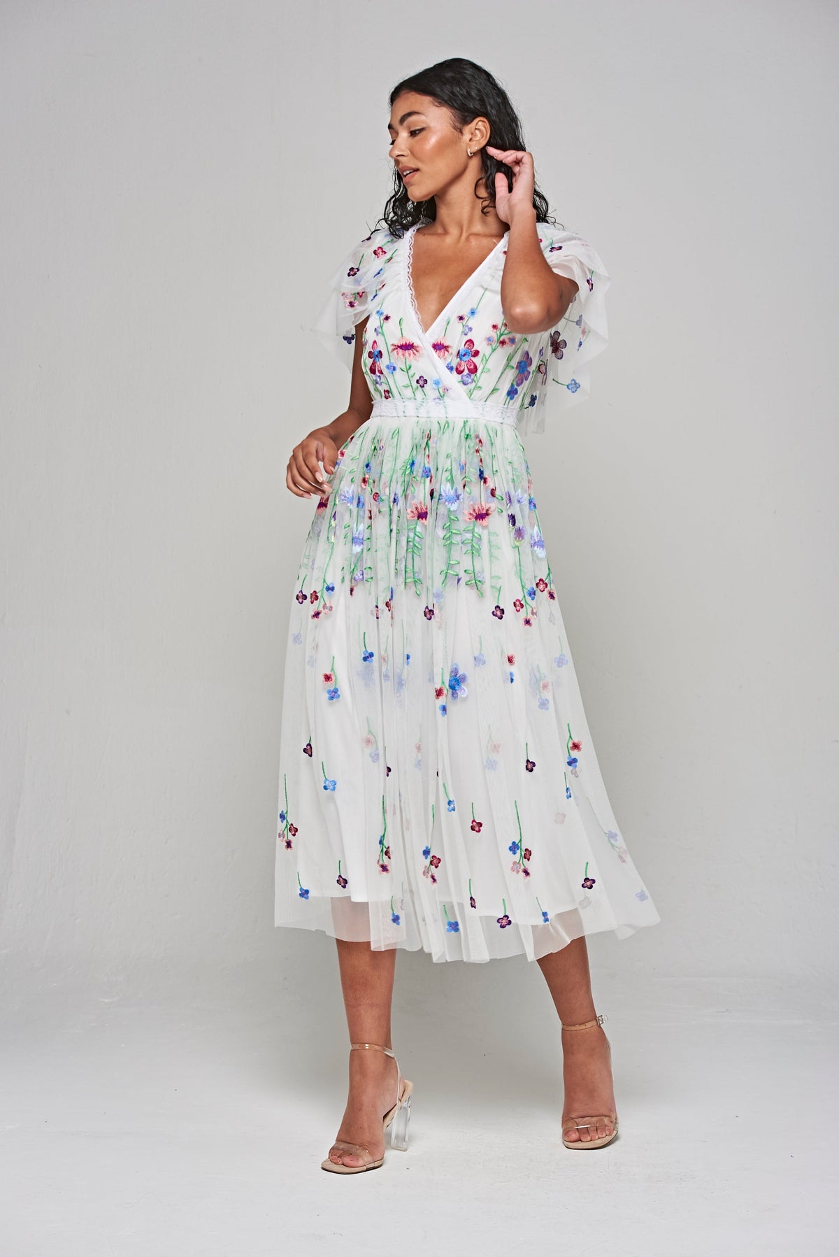 Suzette White Floral Embroidered Midi Dress