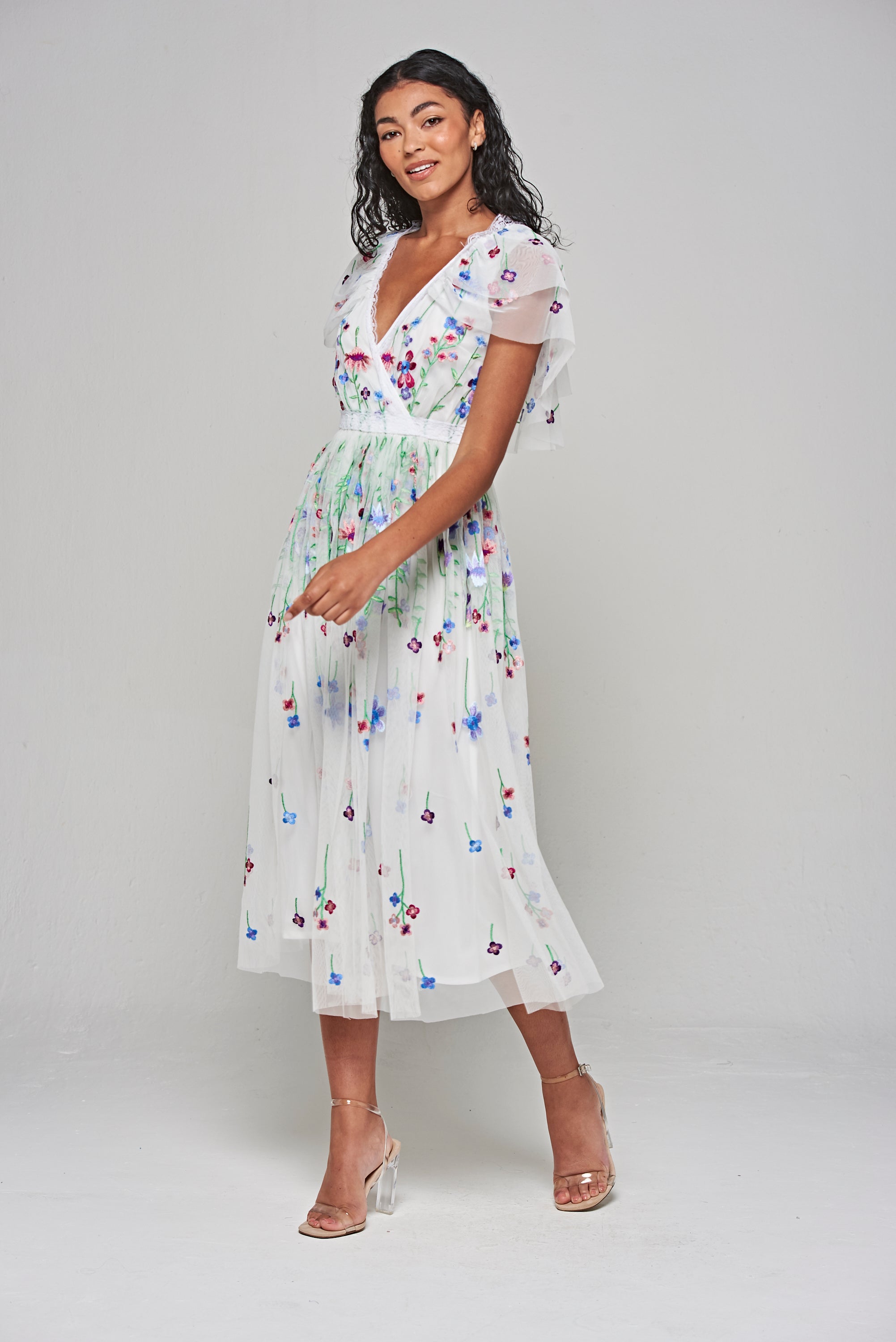 Suzette White Floral Embroidered Midi Dress