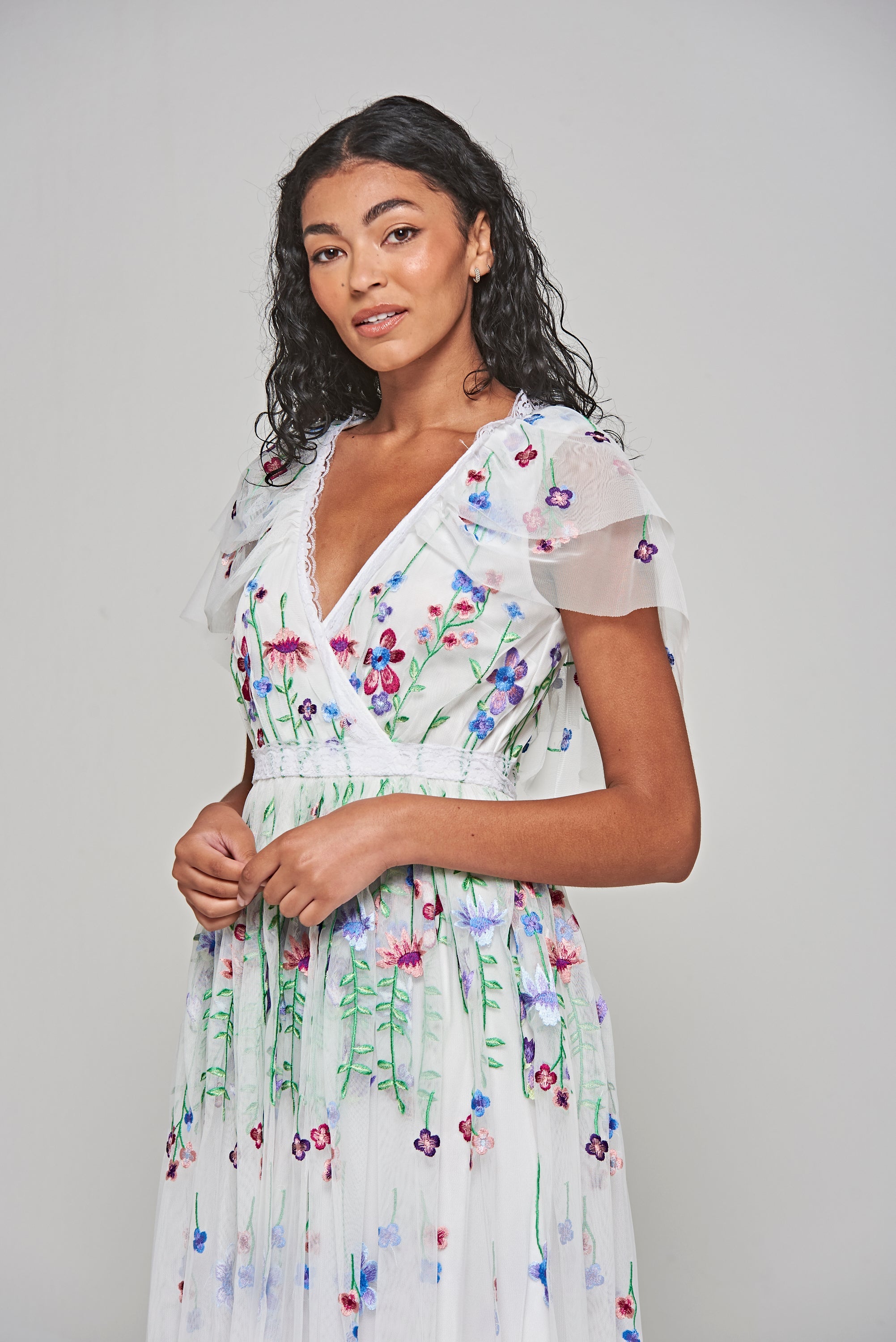 Suzette White Floral Embroidered Midi Dress