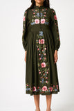 Taina Olive Floral Embroidered Midi Dress