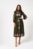 Taina Olive Floral Embroidered Midi Dress