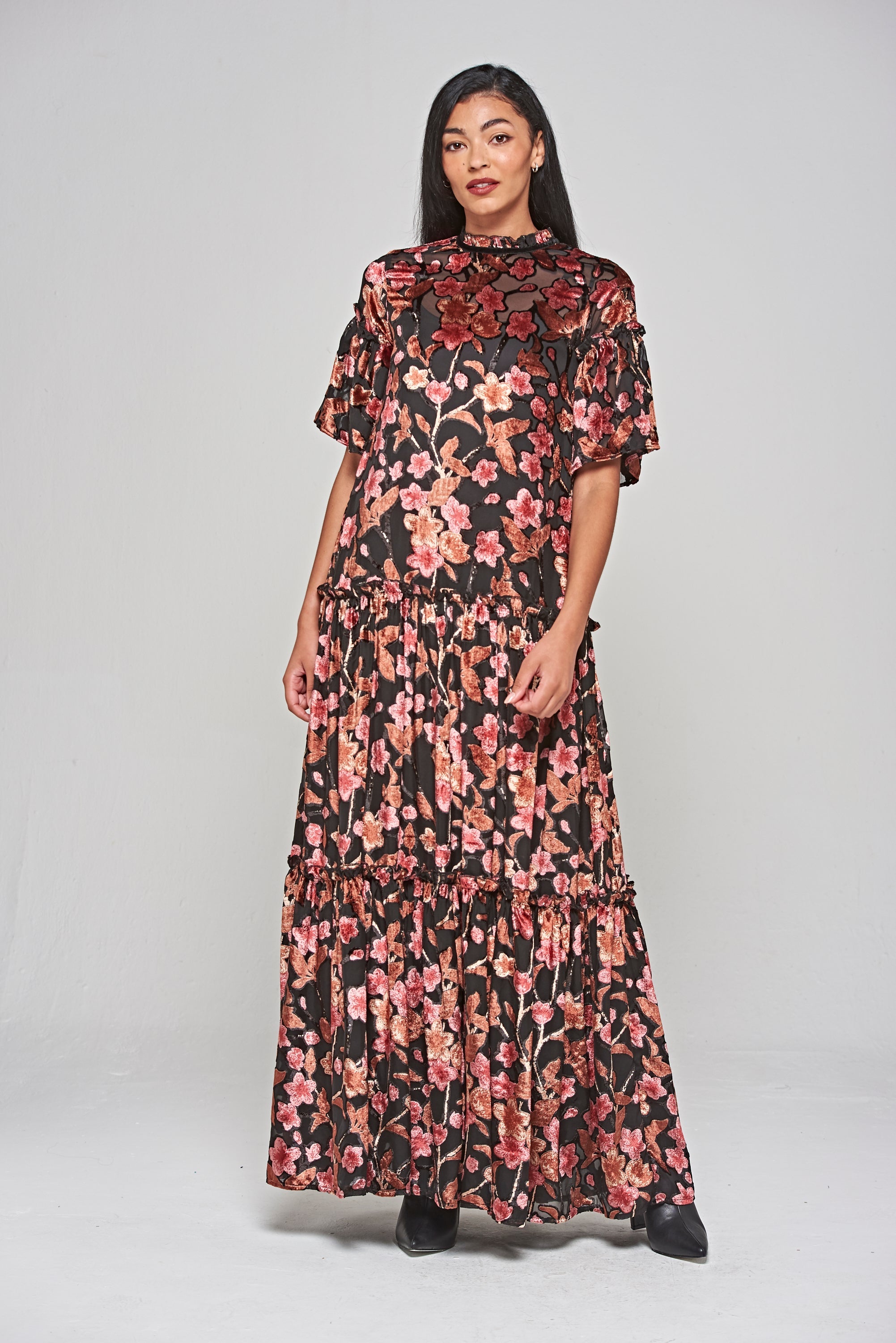 Talise Black Floral Burnout Velvet Maxi Dress