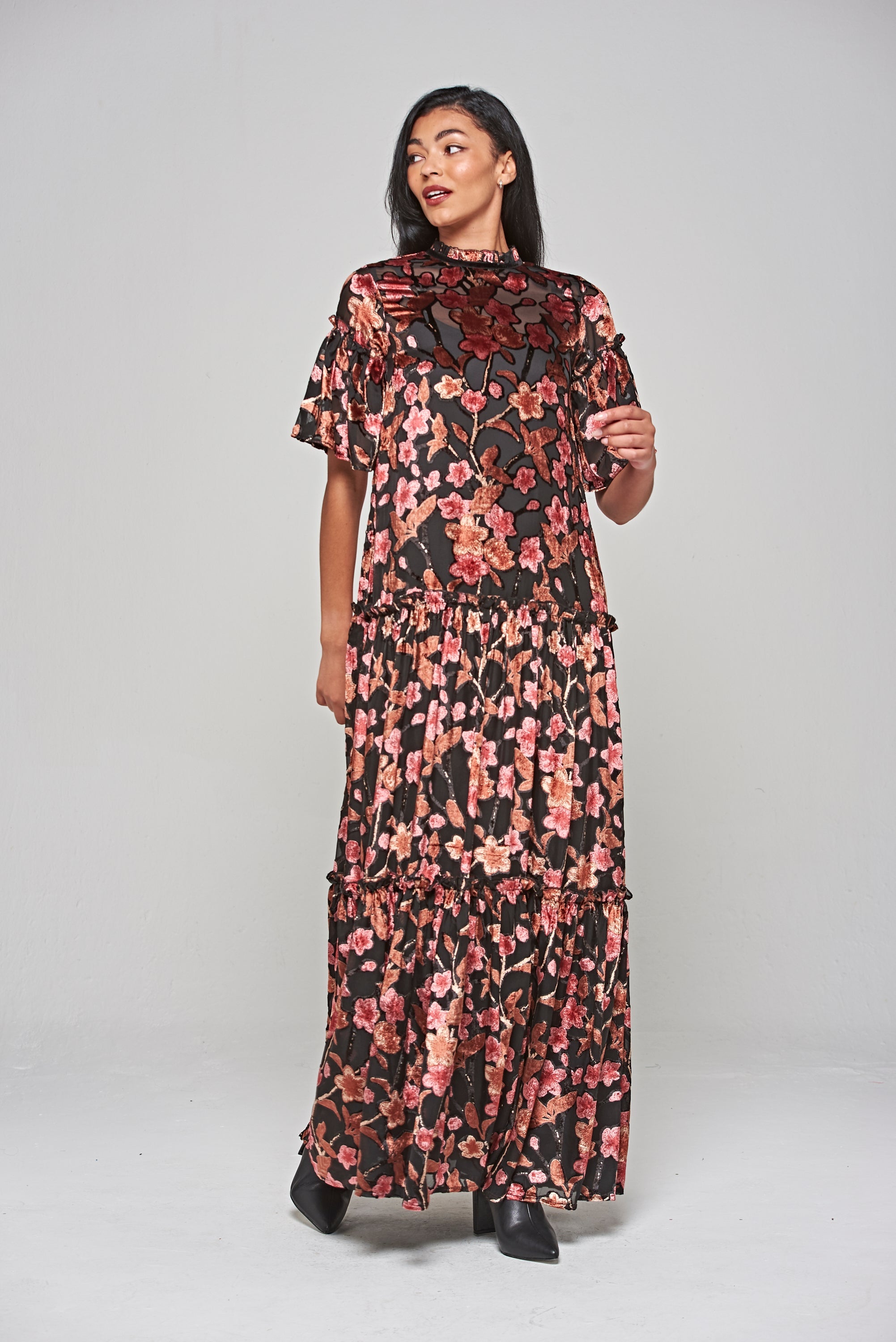 Talise Black Floral Burnout Velvet Maxi Dress