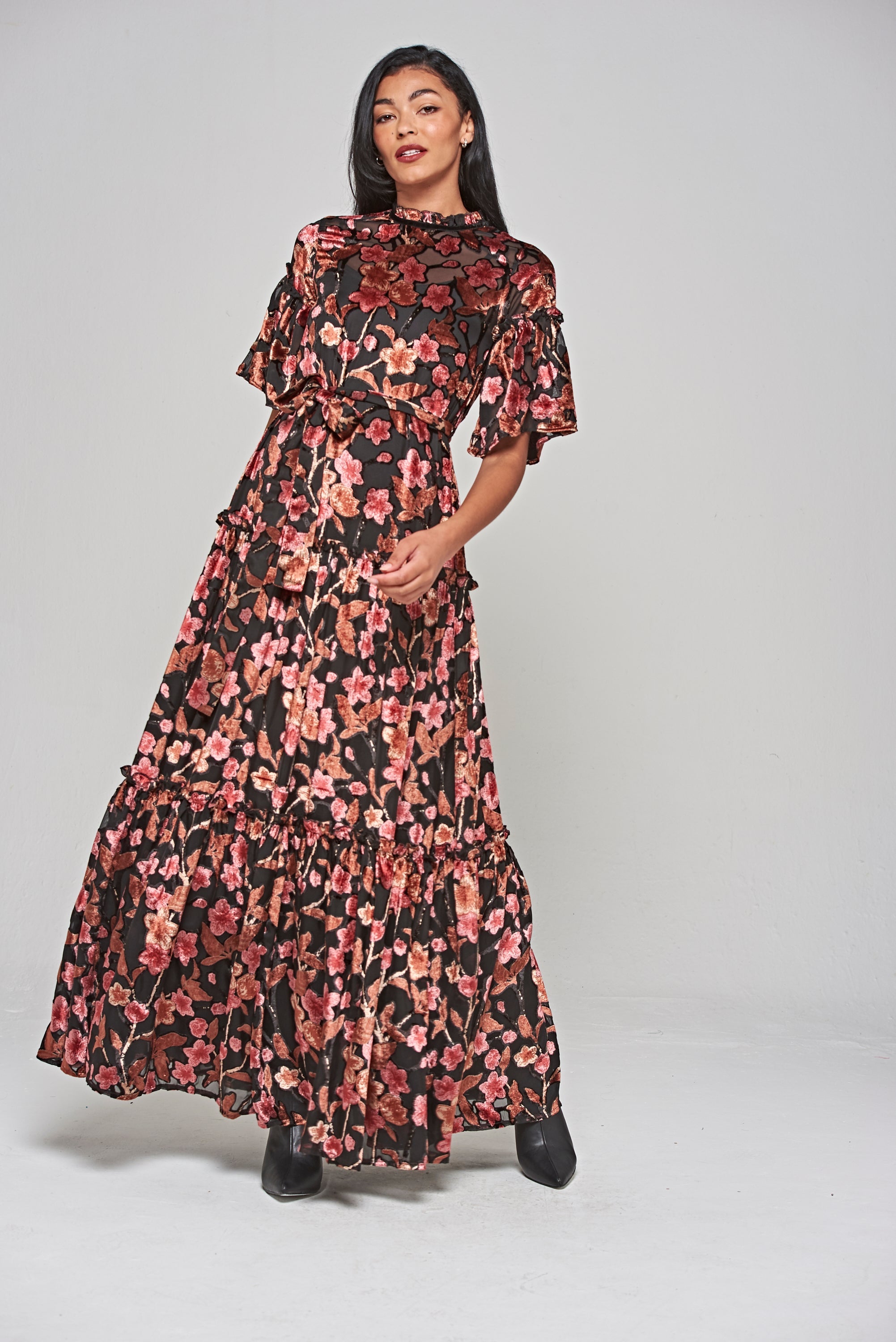 Talise Black Floral Burnout Velvet Maxi Dress