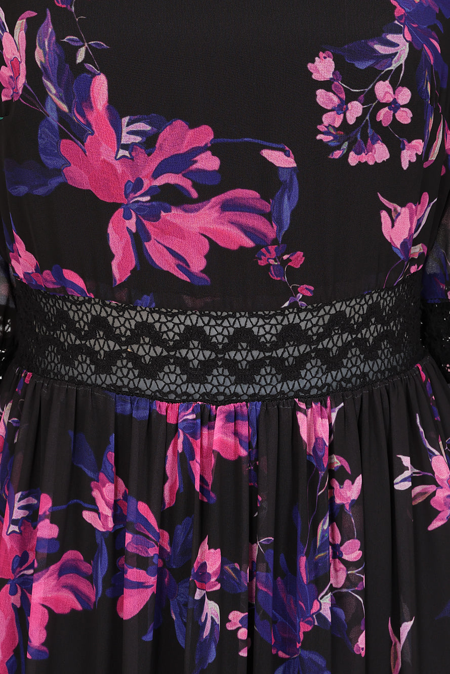 Talvi Black Floral Print Maxi Dress with Lace Panels