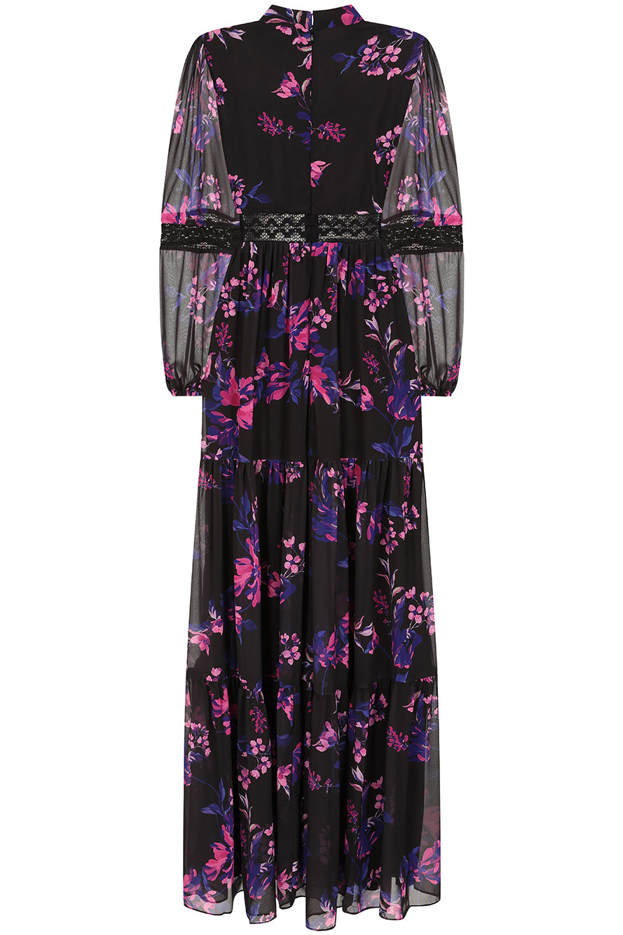 Talvi Black Floral Print Maxi Dress with Lace Panels