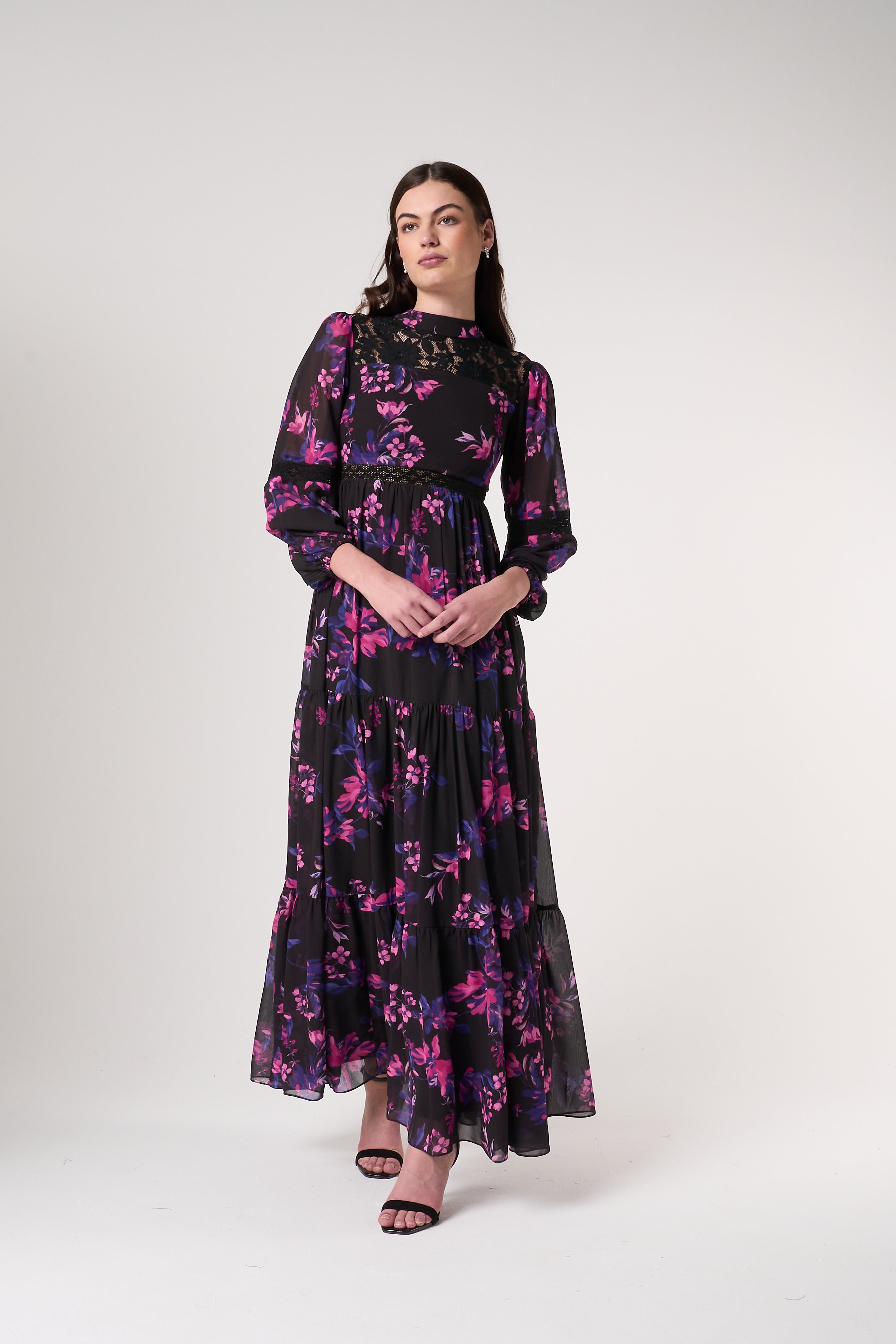 Talvi Black Floral Print Maxi Dress with Lace Panels