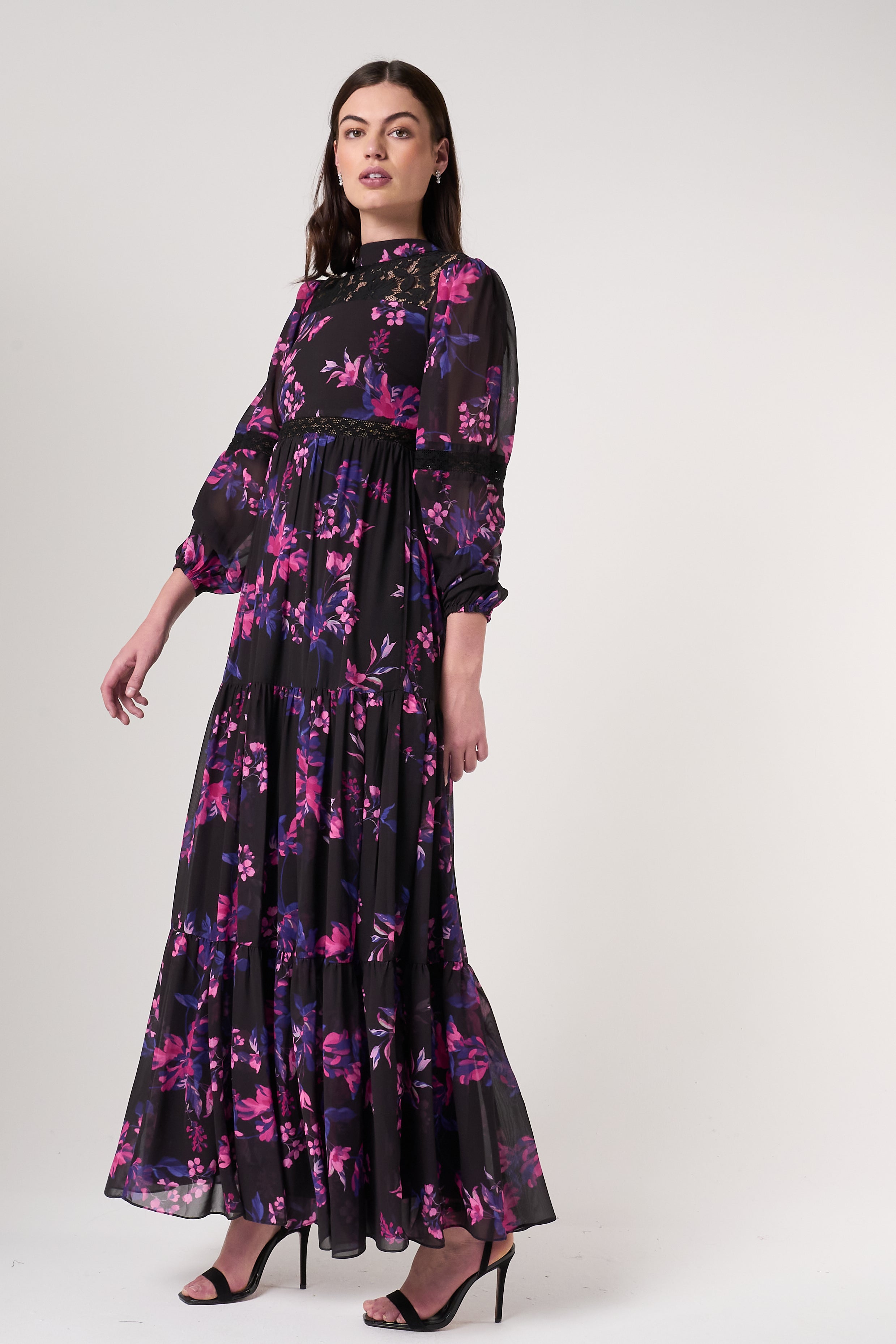 Talvi Black Floral Print Maxi Dress with Lace Panels