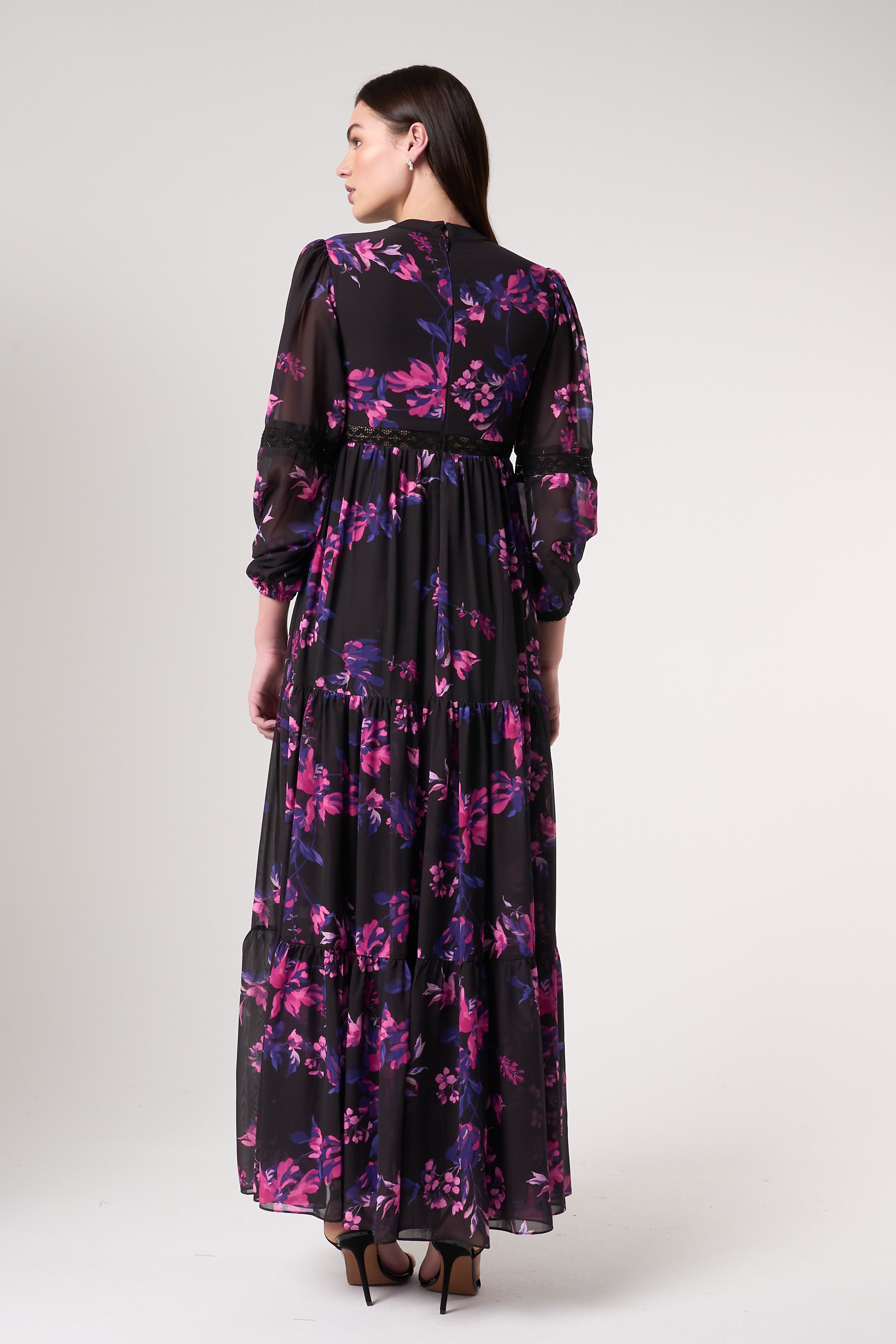Talvi Black Floral Print Maxi Dress with Lace Panels