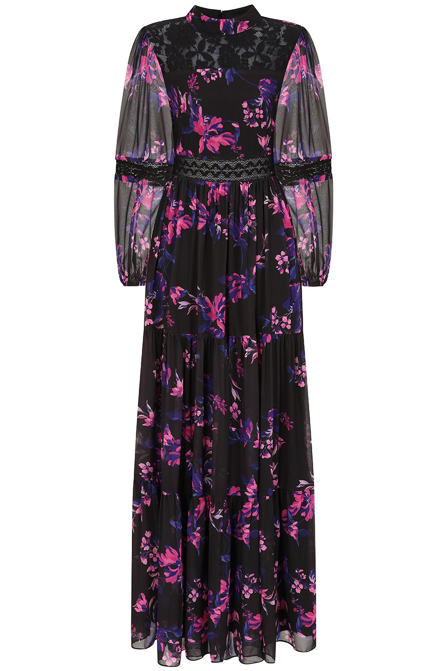 Talvi Black Floral Print Maxi Dress with Lace Panels
