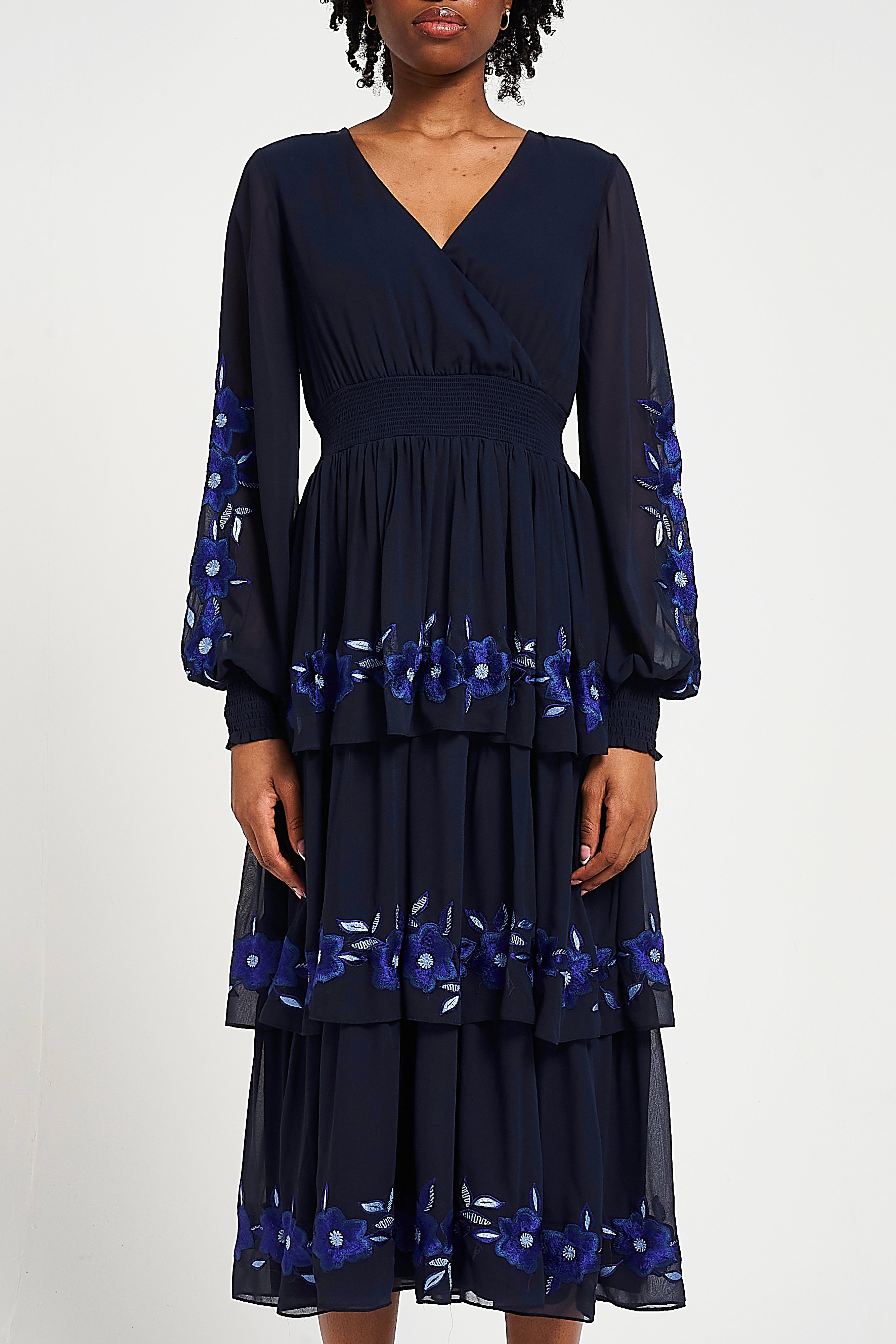 Tamsin Navy Floral Embroidered Midi Dress with Tiered Skirt