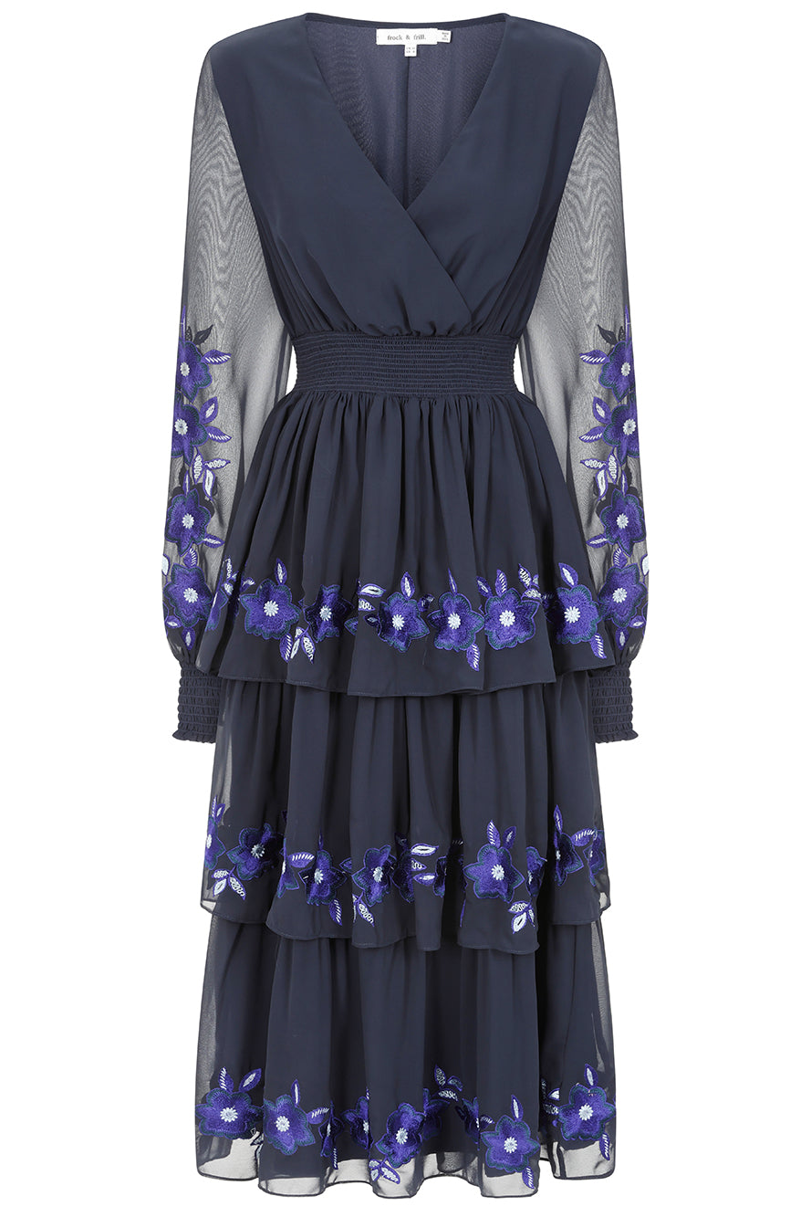 Tamsin Navy Floral Embroidered Midi Dress with Tiered Skirt