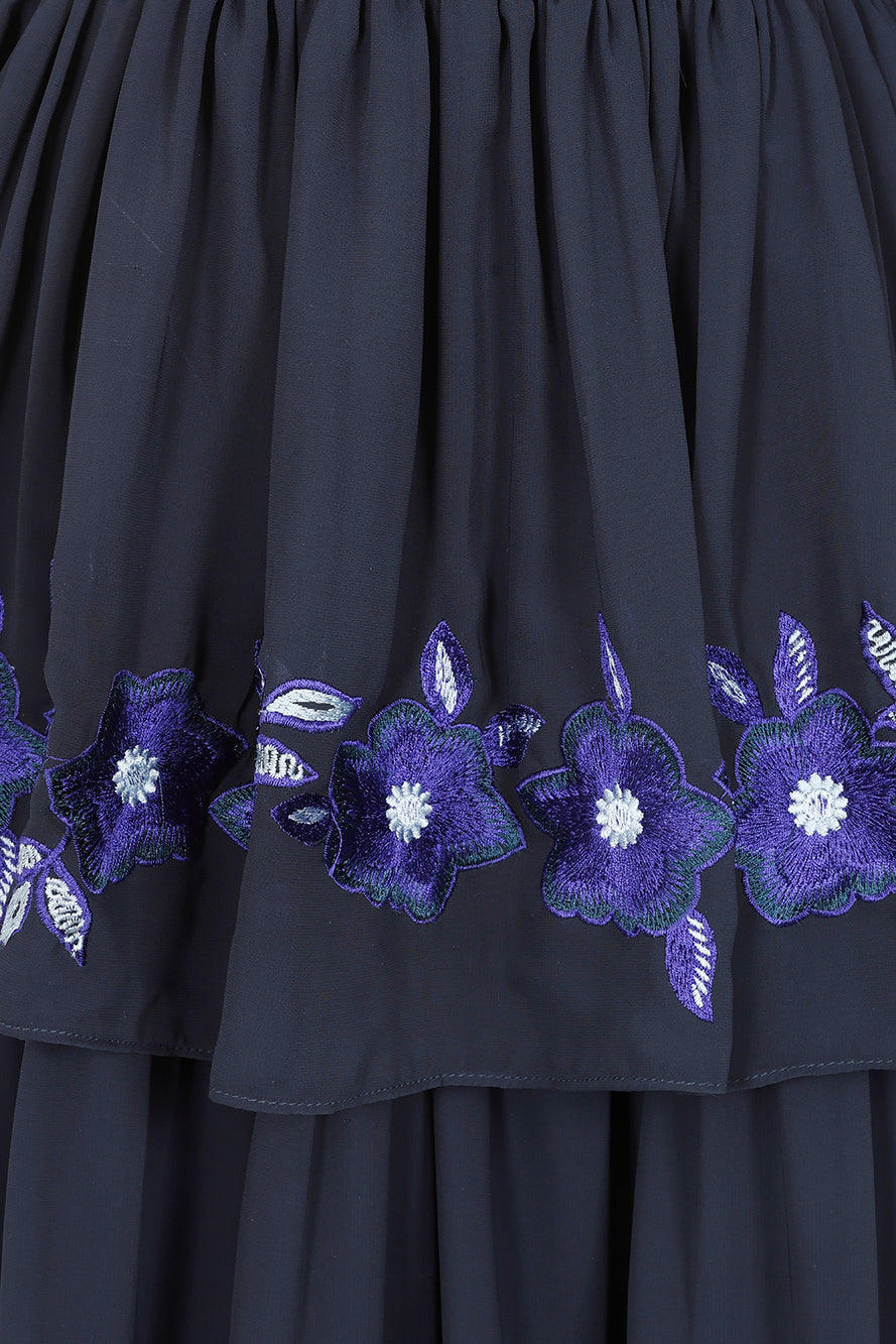 Tamsin Navy Floral Embroidered Midi Dress with Tiered Skirt