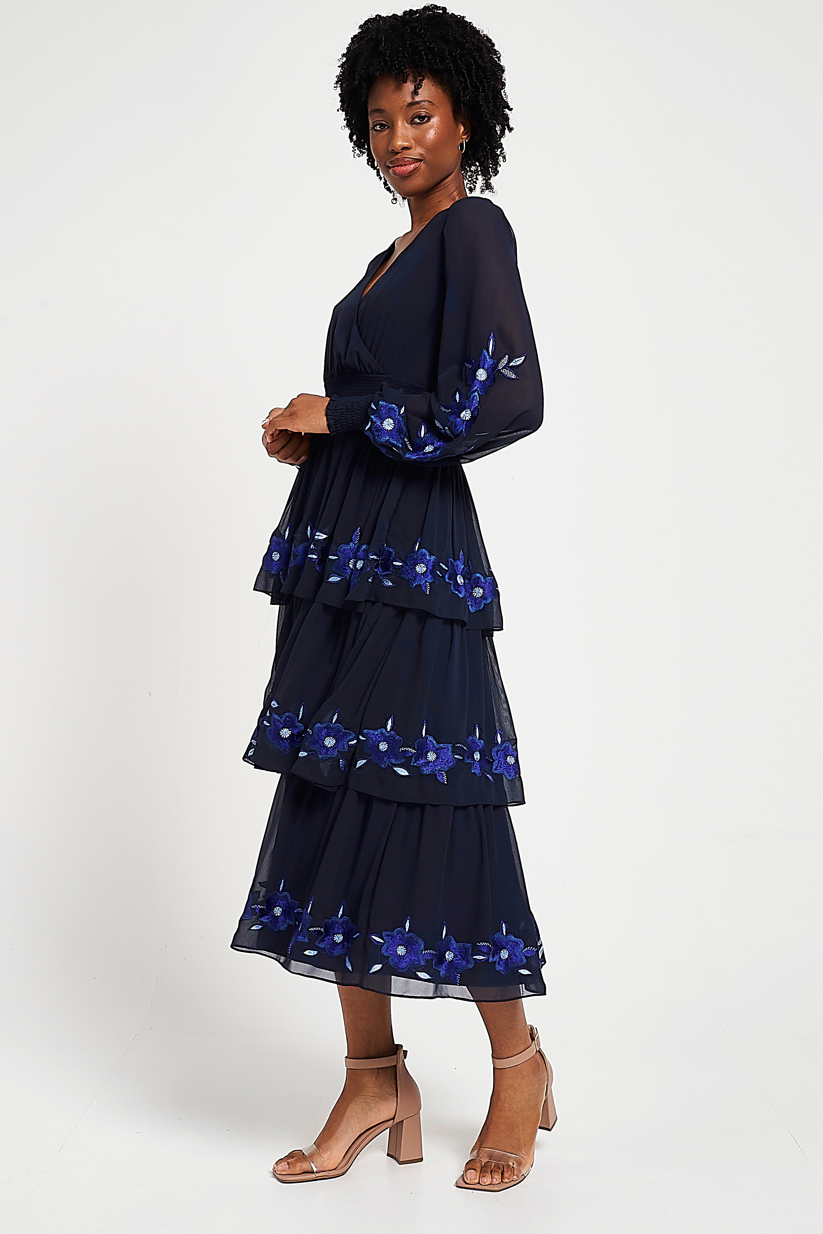 Tamsin Navy Floral Embroidered Midi Dress with Tiered Skirt