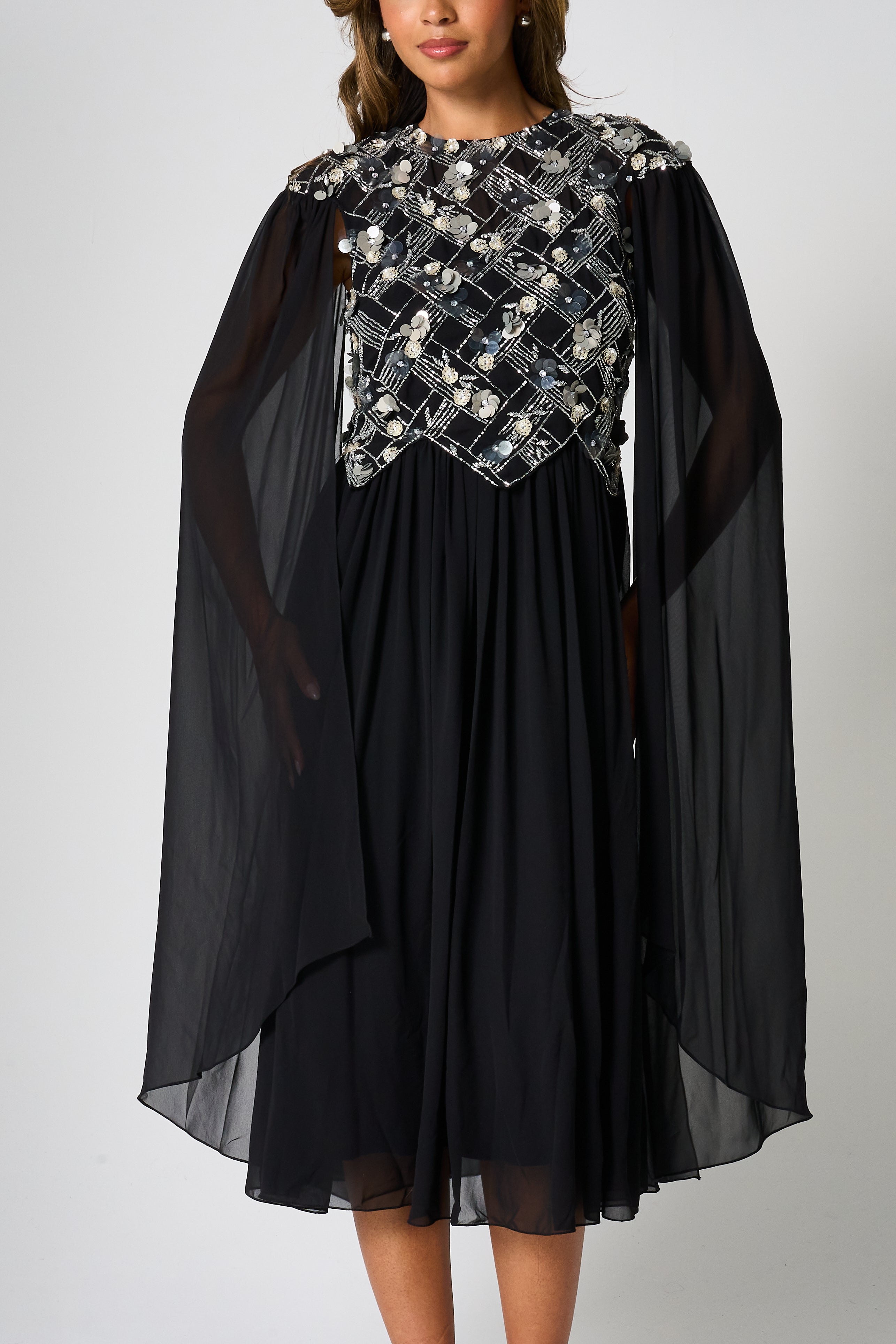 Una Black Embellished Cape Sleeve Midi Dress