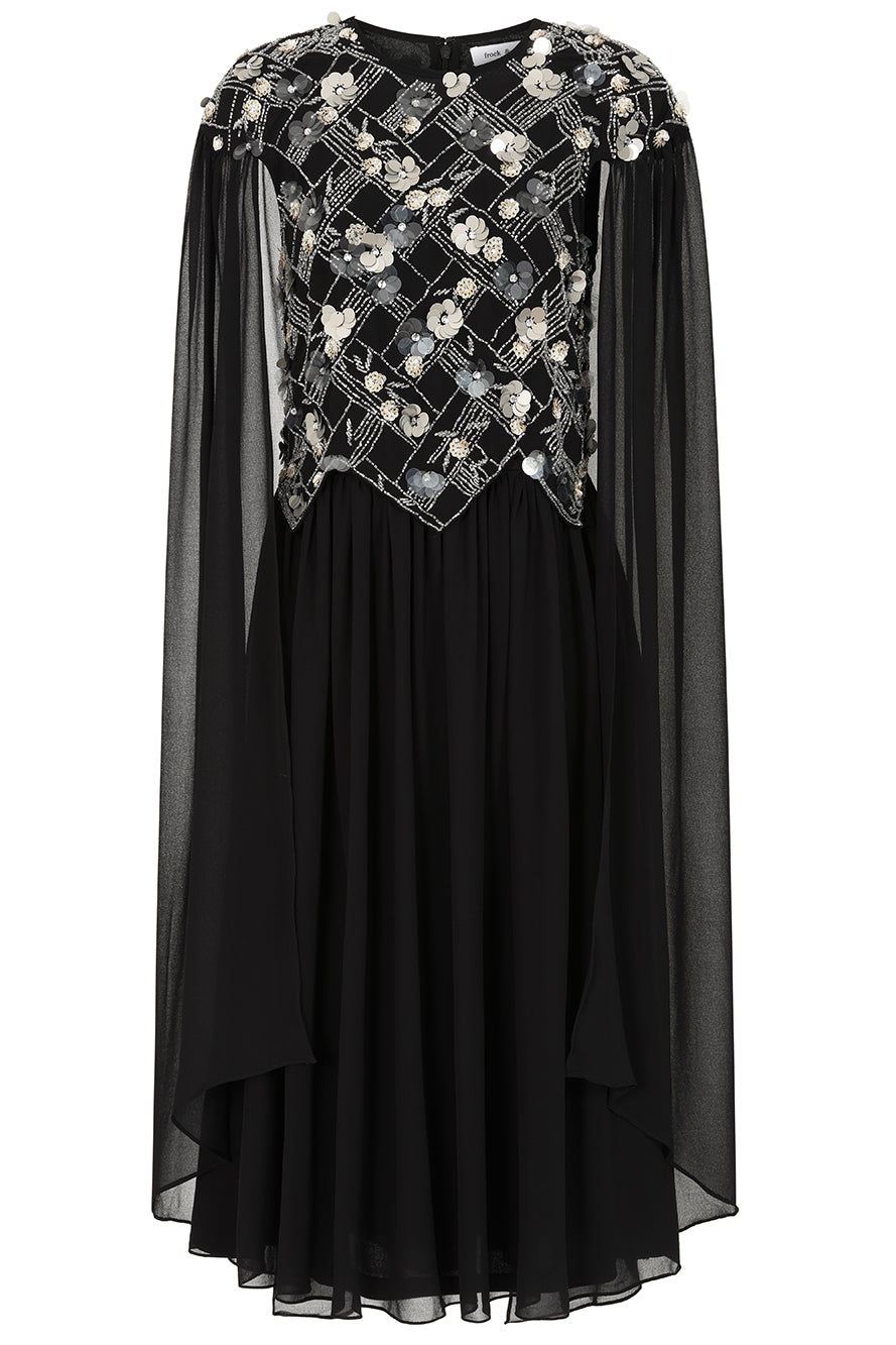 Una black embellished cape sleeve midi dress by Frock and Frill with silver bodice detailing, high neckline and flared skirt designed for elegant occasion wear styling