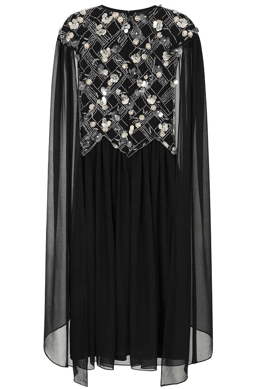Una black embellished cape sleeve midi dress by Frock and Frill with silver bodice detailing, high neckline and flared skirt designed for elegant occasion wear styling