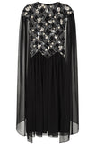 Una black embellished cape sleeve midi dress by Frock and Frill with silver bodice detailing, high neckline and flared skirt designed for elegant occasion wear styling