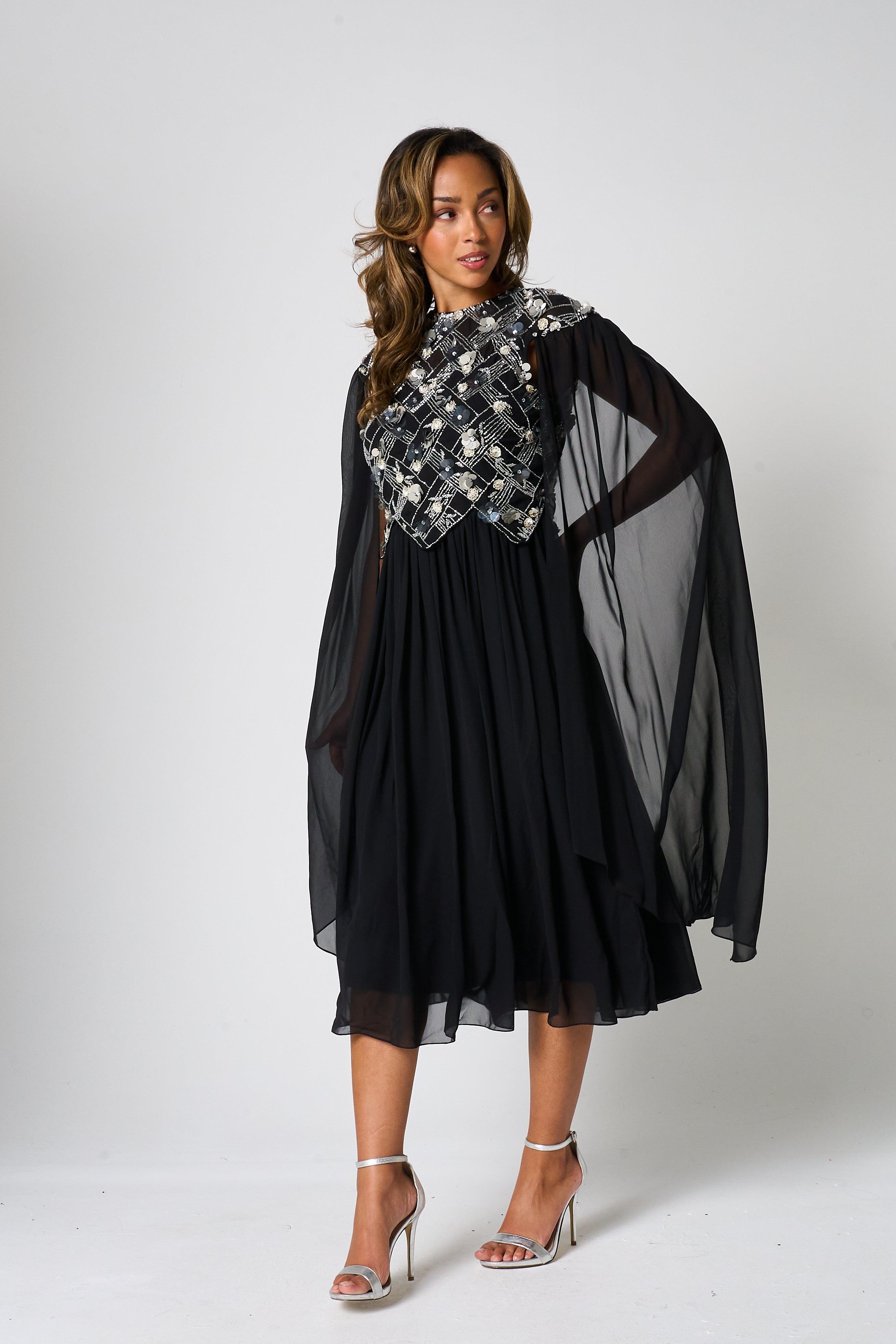 Una Black Embellished Cape Sleeve Midi Dress