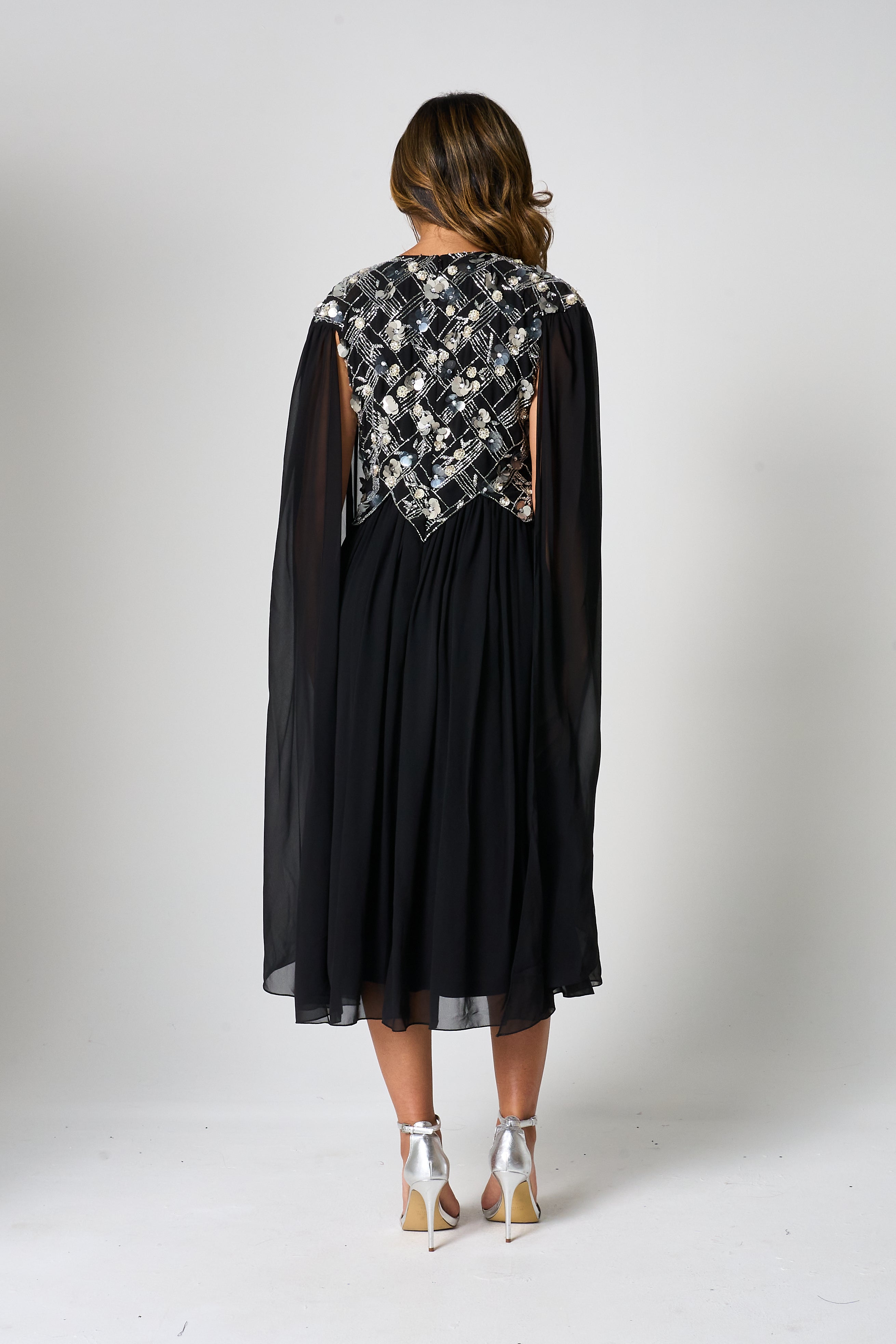 Una Black Embellished Cape Sleeve Midi Dress